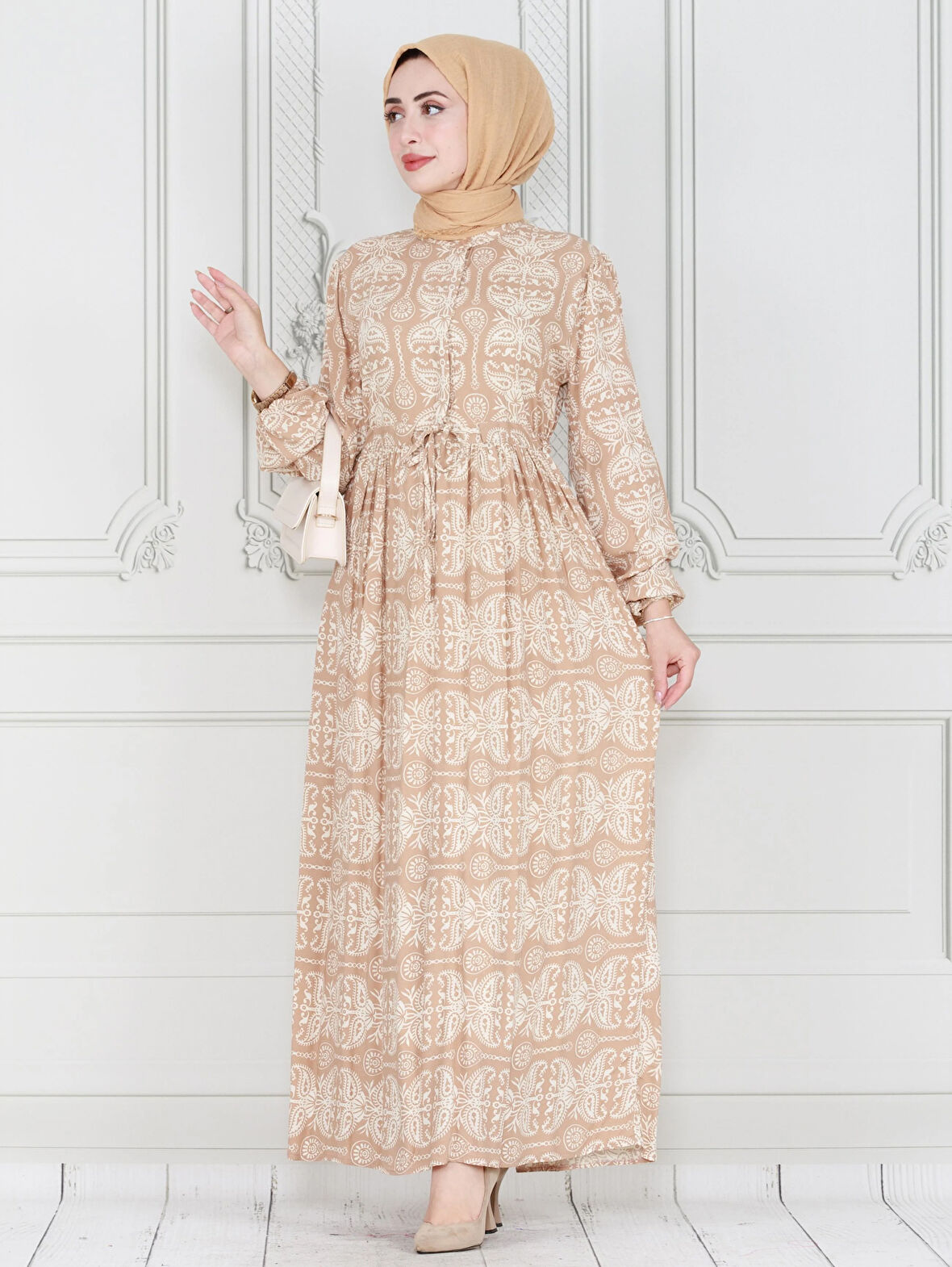 Şal Desen Beli Tünelli Viscon Elbise-Bej