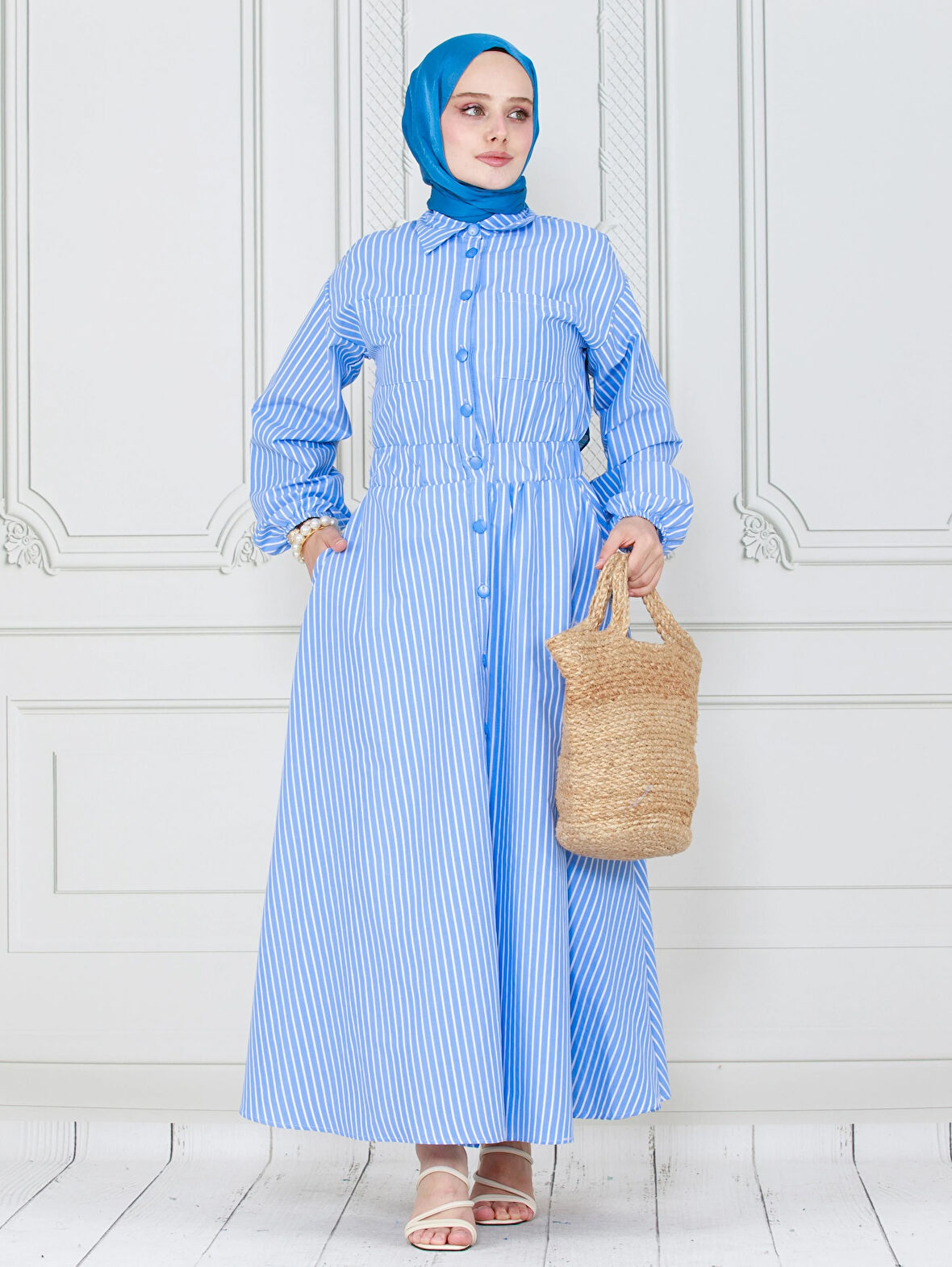 Boydan Düğmeli Çizgili Elbise-Mavi