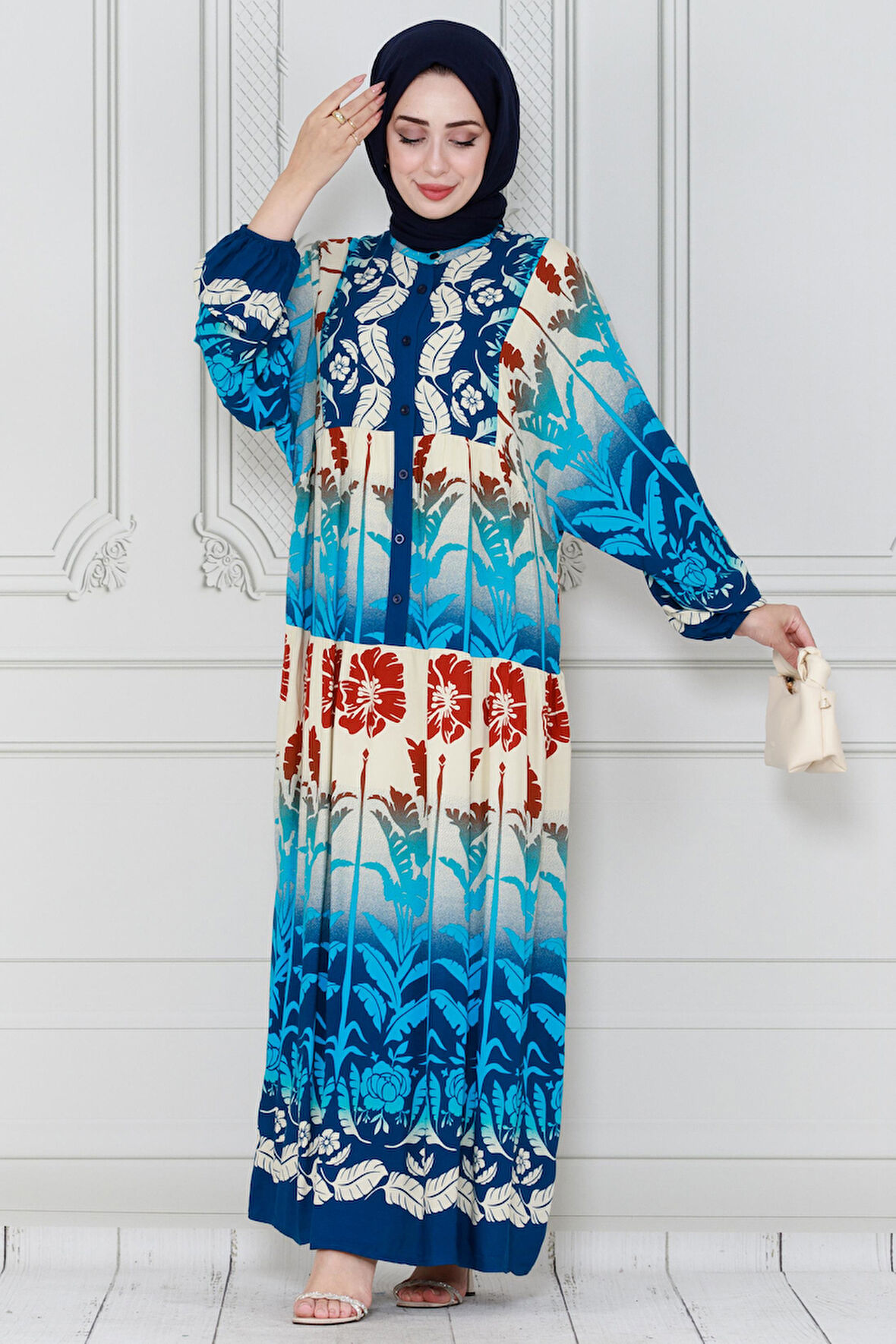 Yaprak Baskılı Viscon Elbise-İndigo