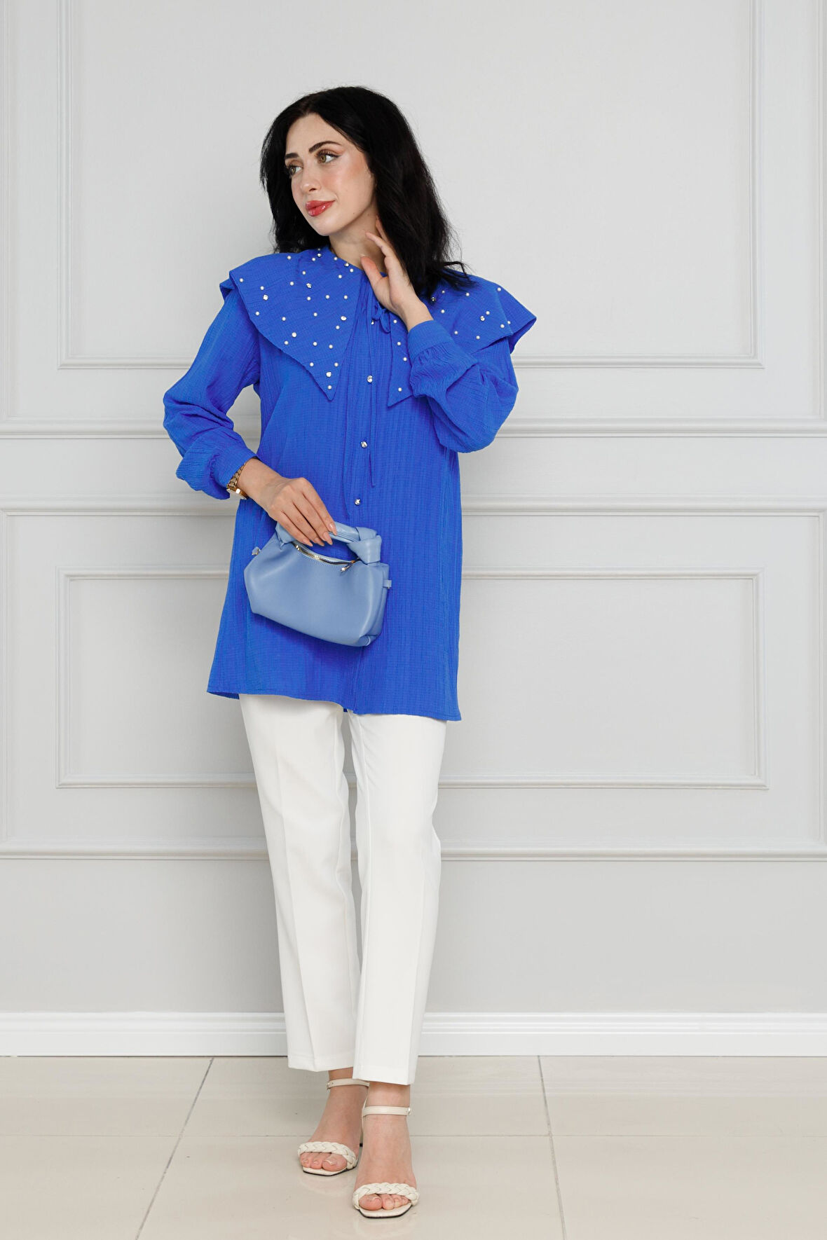 Geniş Yaka İncili Tunik-Mavi