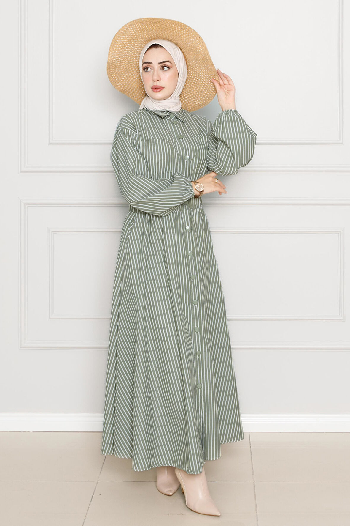 Boydan Düğmeli Çizgili Elbise-Haki