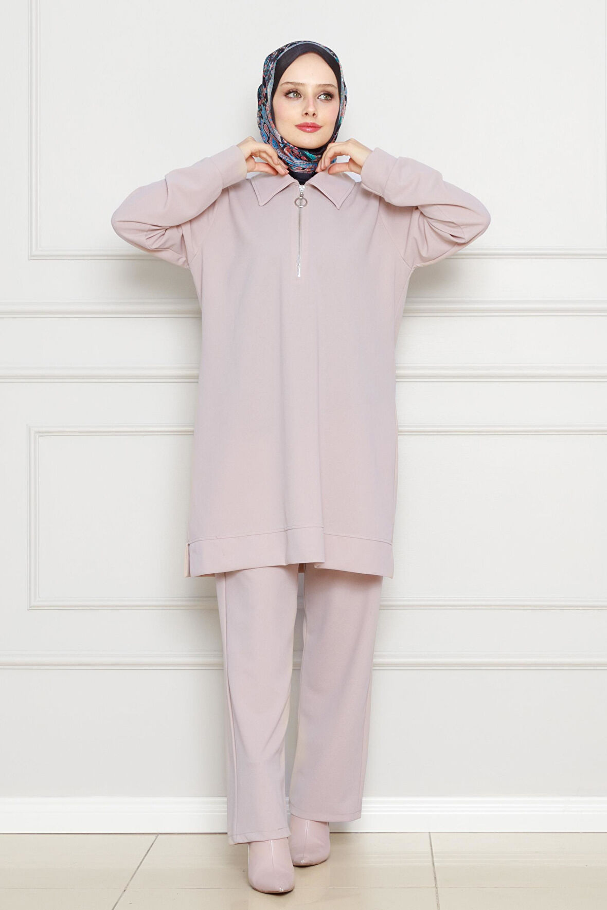 Yakası Fermuar Detaylı İkili Takım-Taş