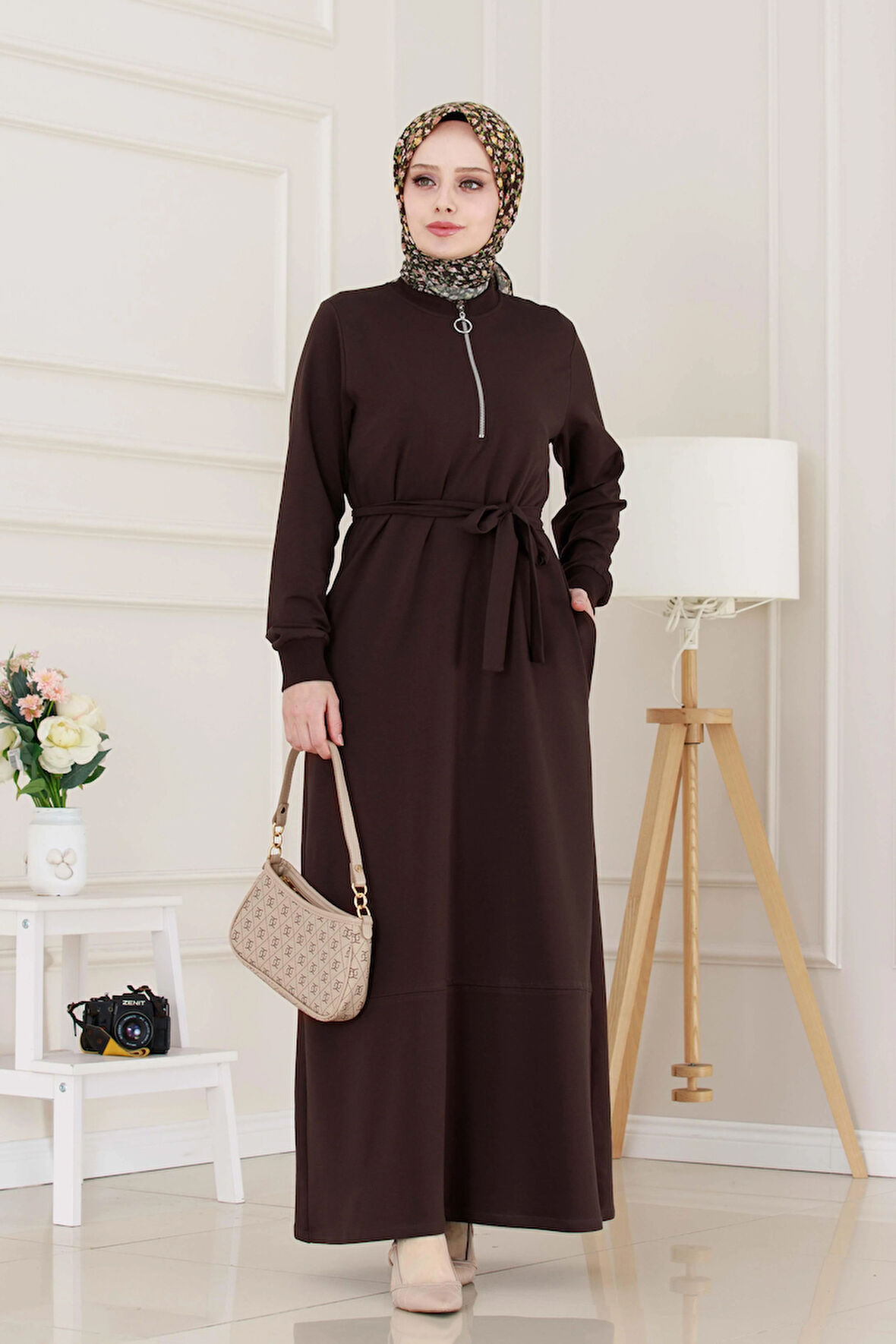 Önü Fermuar Detaylı İki İplik Elbise-Kahverengi