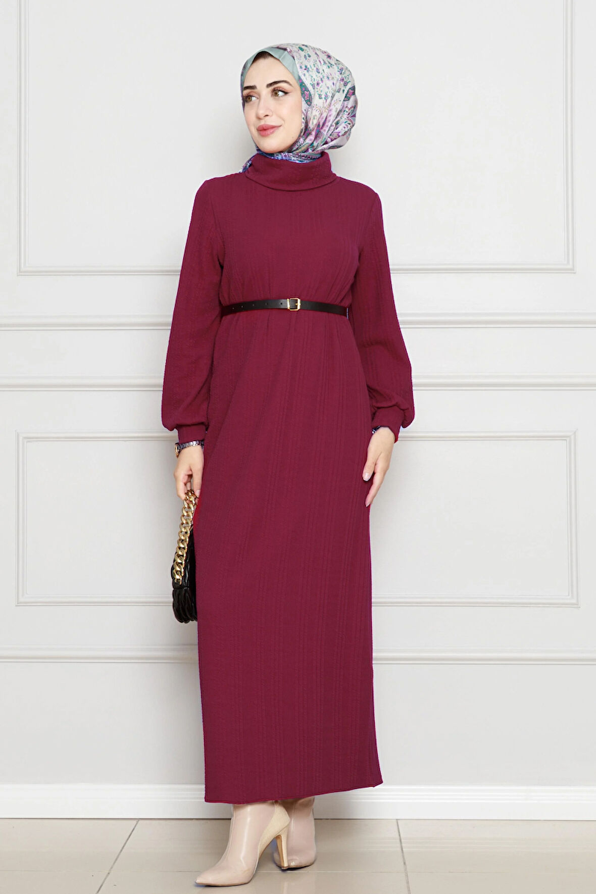 Balıkçı Yaka Kemerli Elbise-Bordo