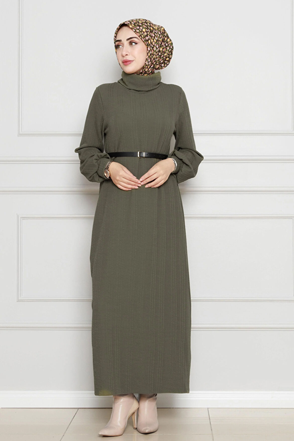 Balıkçı Yaka Kemerli Elbise-Haki