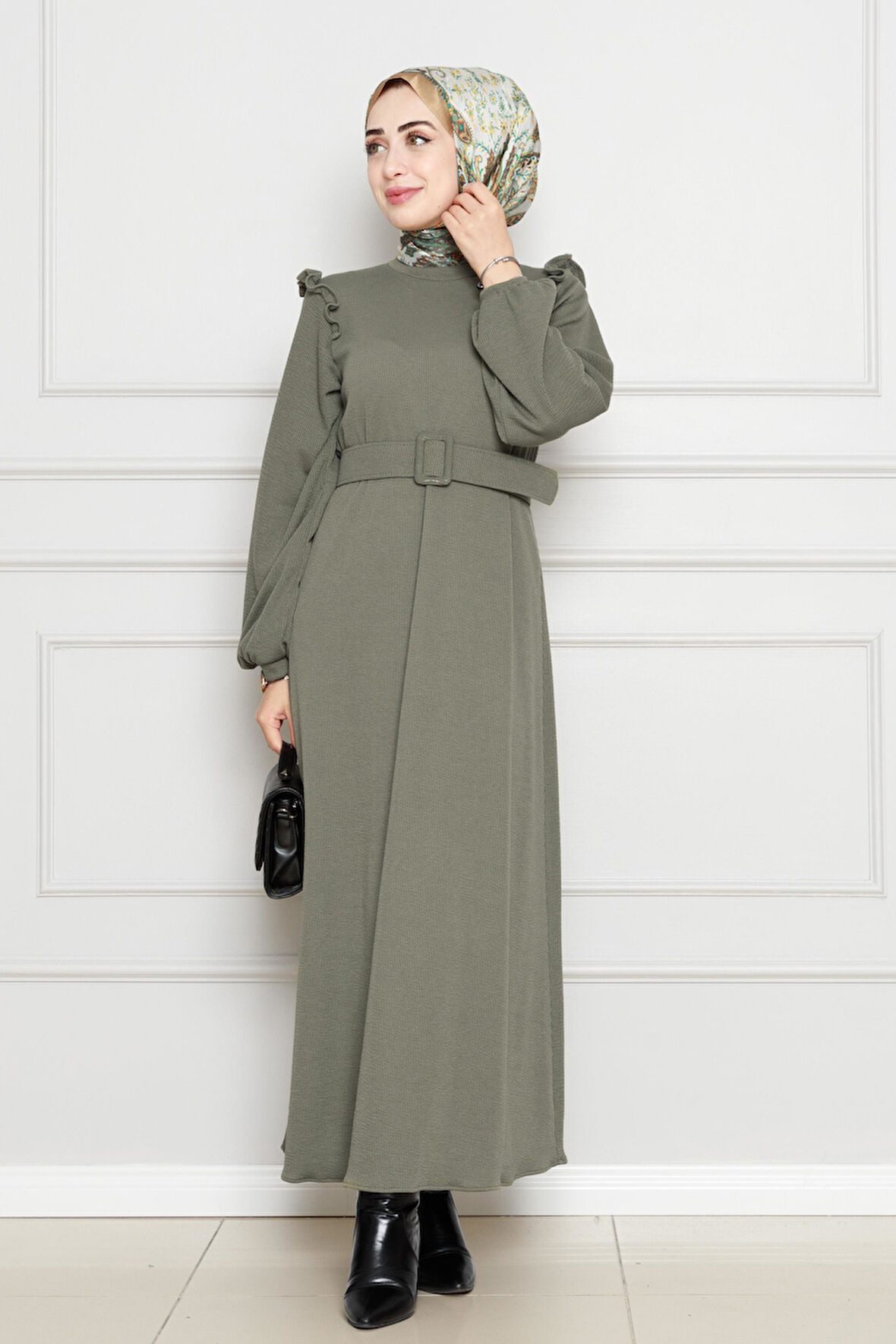 Omuzu Fırfır Kemerli Elbise-Haki