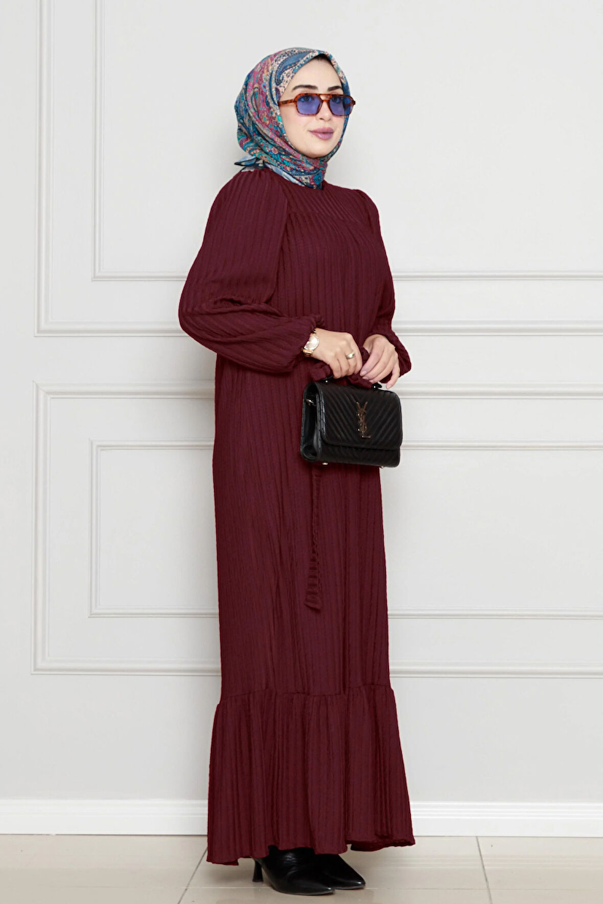 Robalı Sahra Tesettür Elbise-Bordo