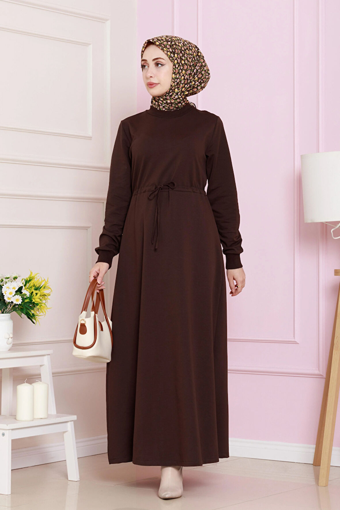 Beli Tünelli İki İplik Elbise-Kahverengi