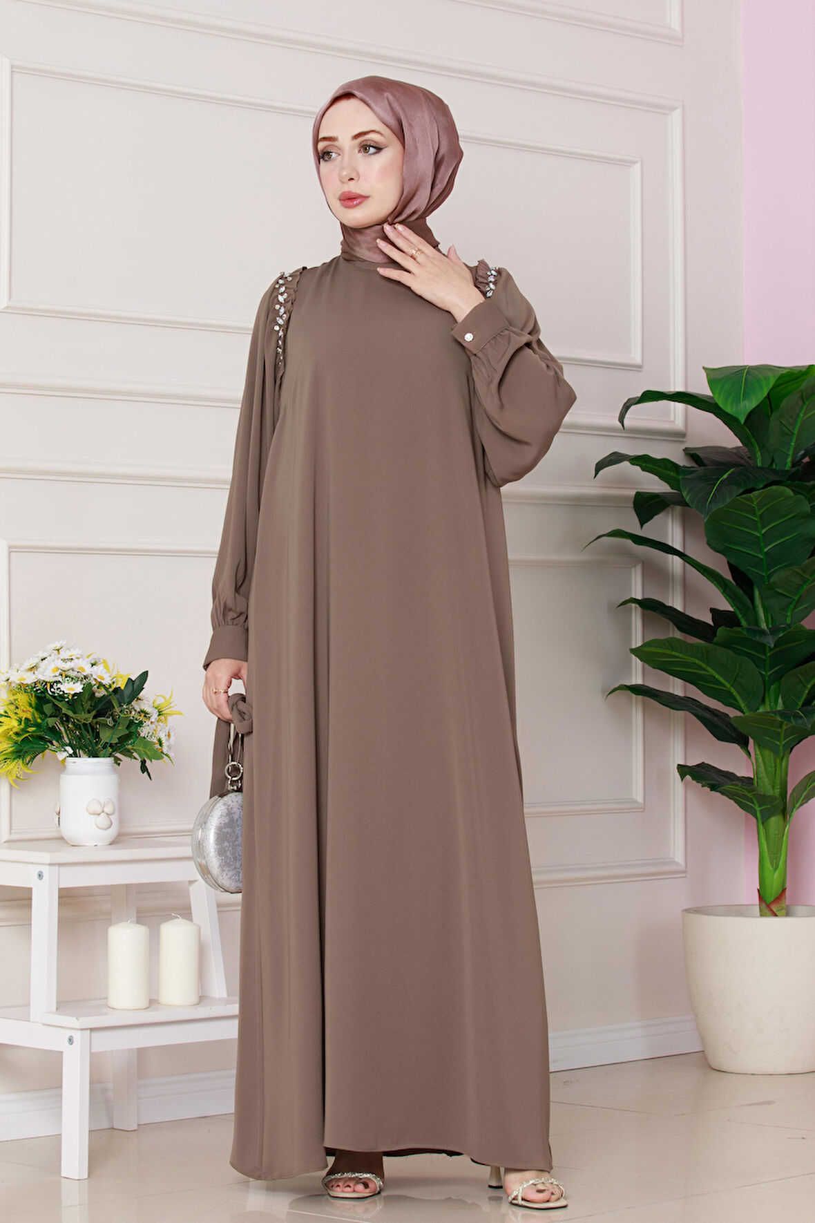 Omuzu Taş Detaylı Rose Elbise-VİZON