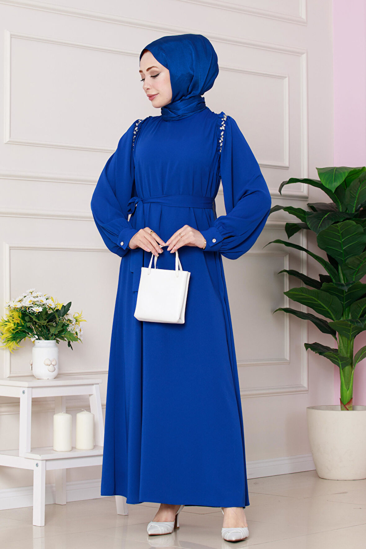 Omuzu Taş Detaylı Rose Elbise-Saks Mavi