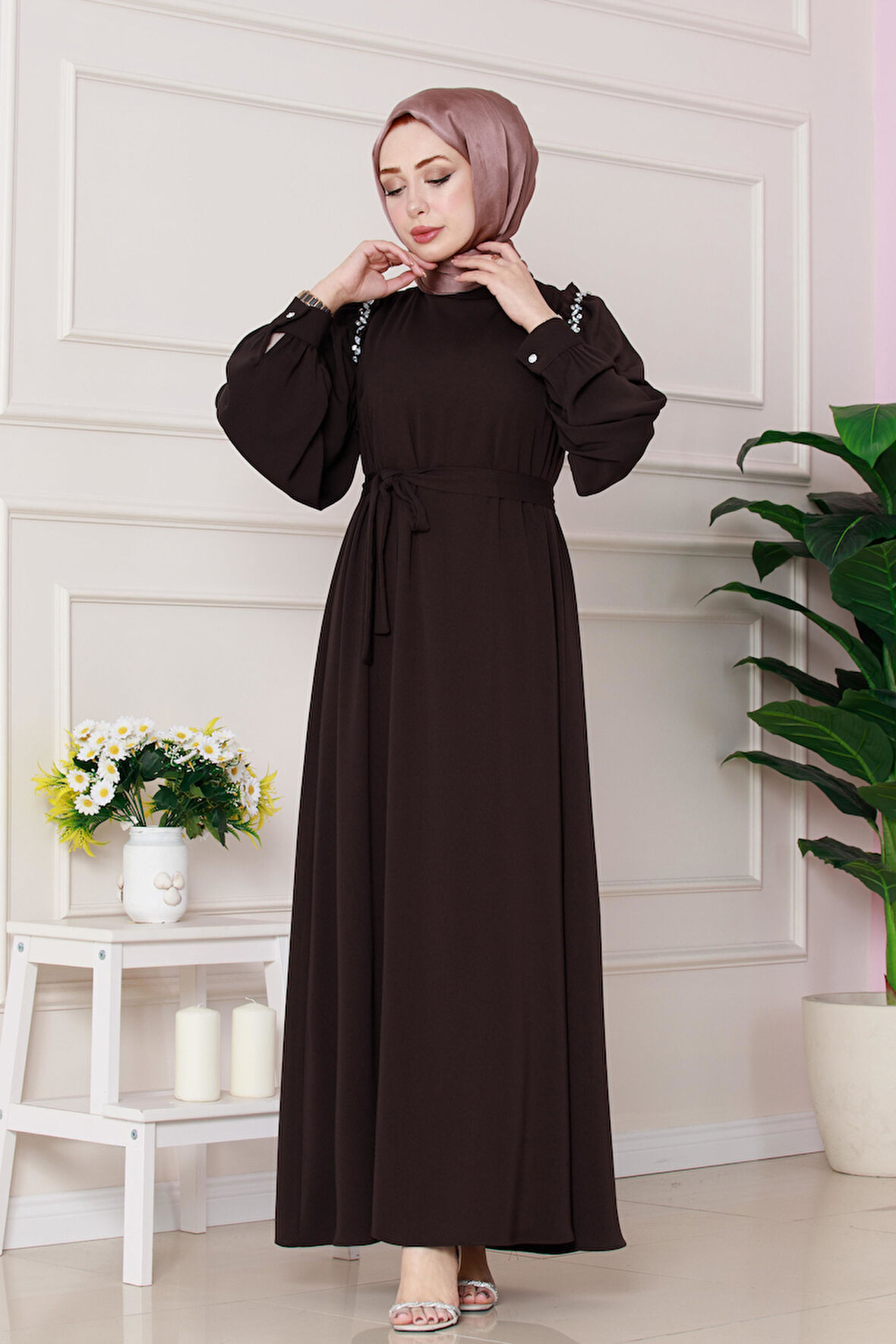 Omuzu Taş Detaylı Rose Elbise-Kahverengi