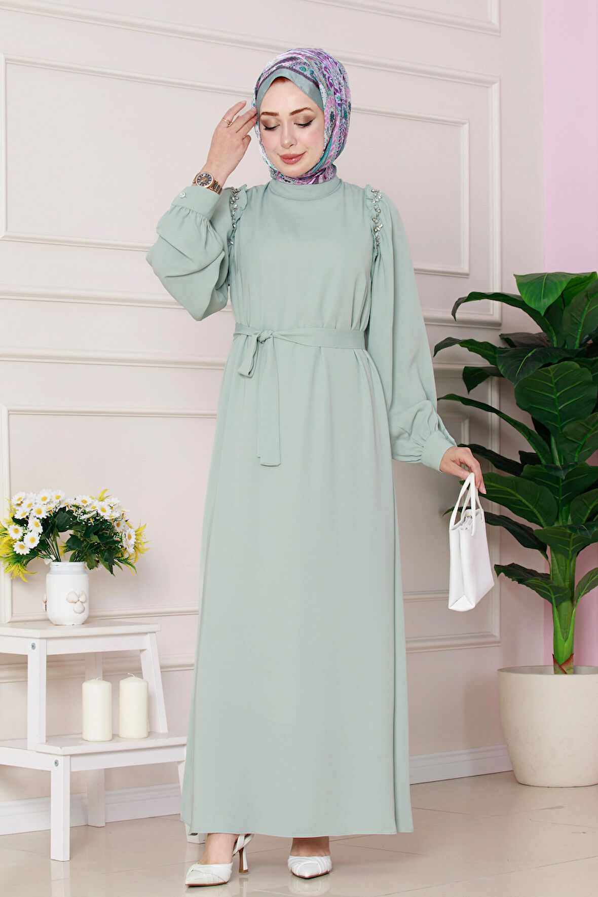 Omuzu Taş Detaylı Rose Elbise-Mint Yeşili