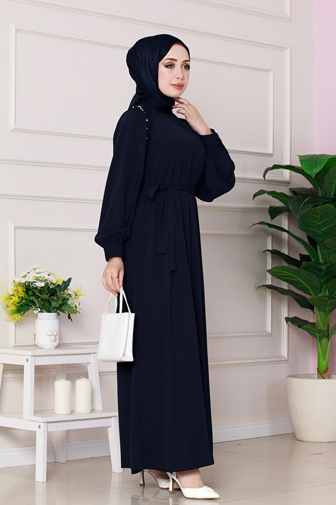 Omuzu Taş Detaylı Rose Elbise-Lacivert