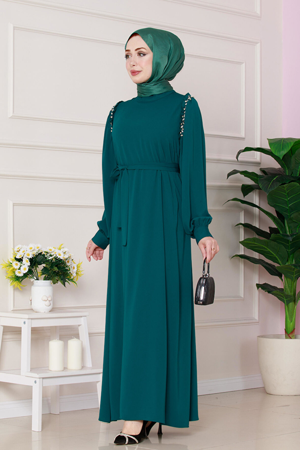 Omuzu Taş Detaylı Rose Elbise-Zümrüt Yeşili