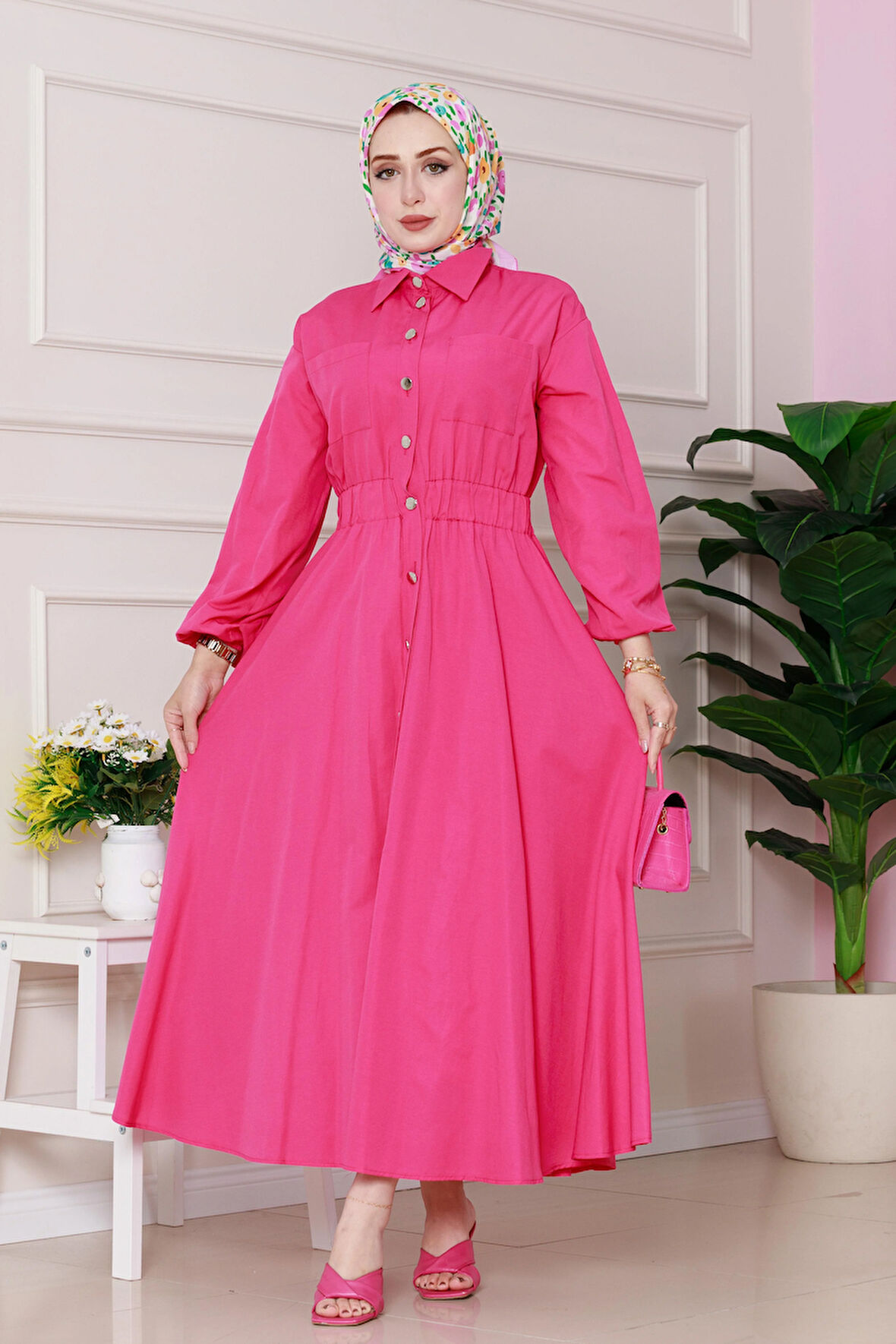 Beli Lastik Detaylı Yasemin Elbise-Pembe