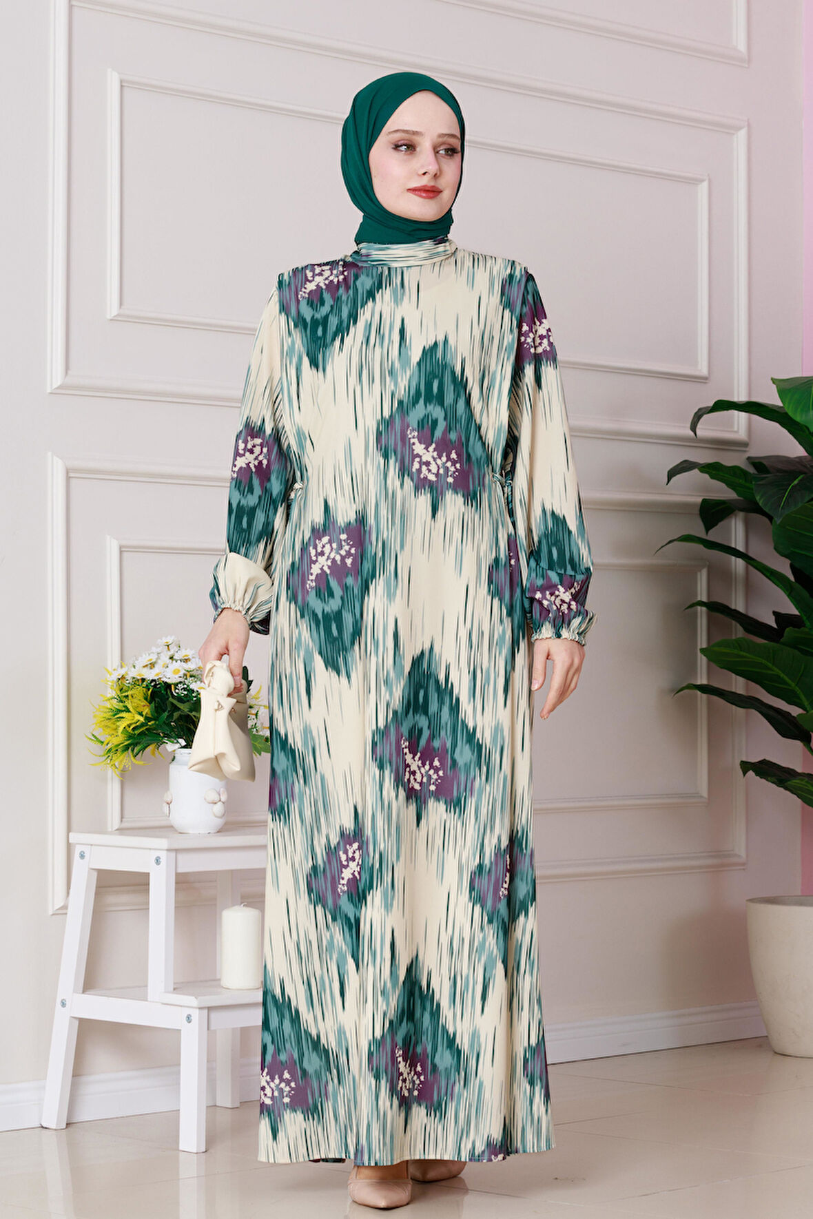 Sofia Desenli Yanı Bağlamalı Elbise-Yeşil