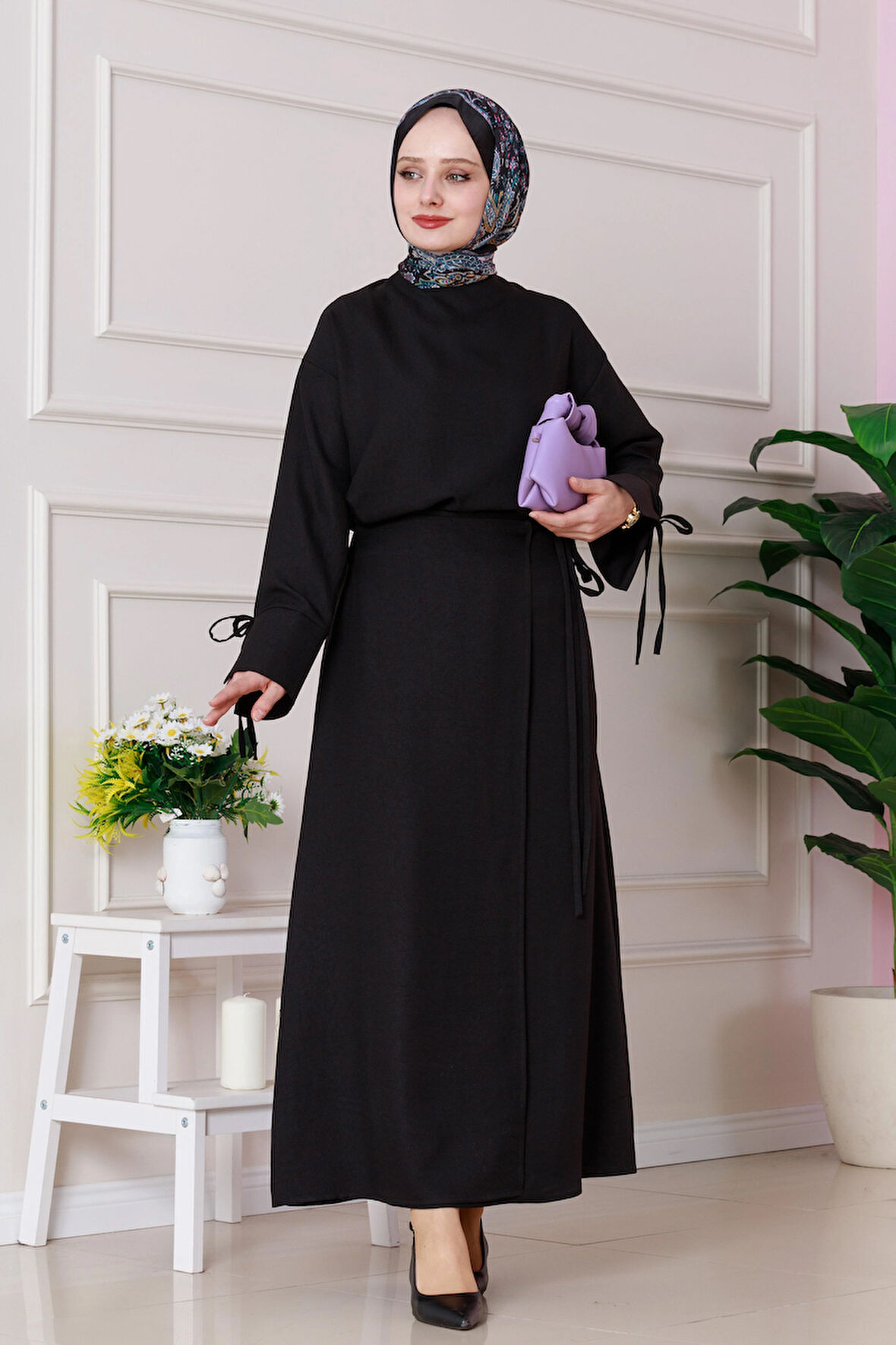 Darin Keten Eteği Bağlamalı Takım-Siyah