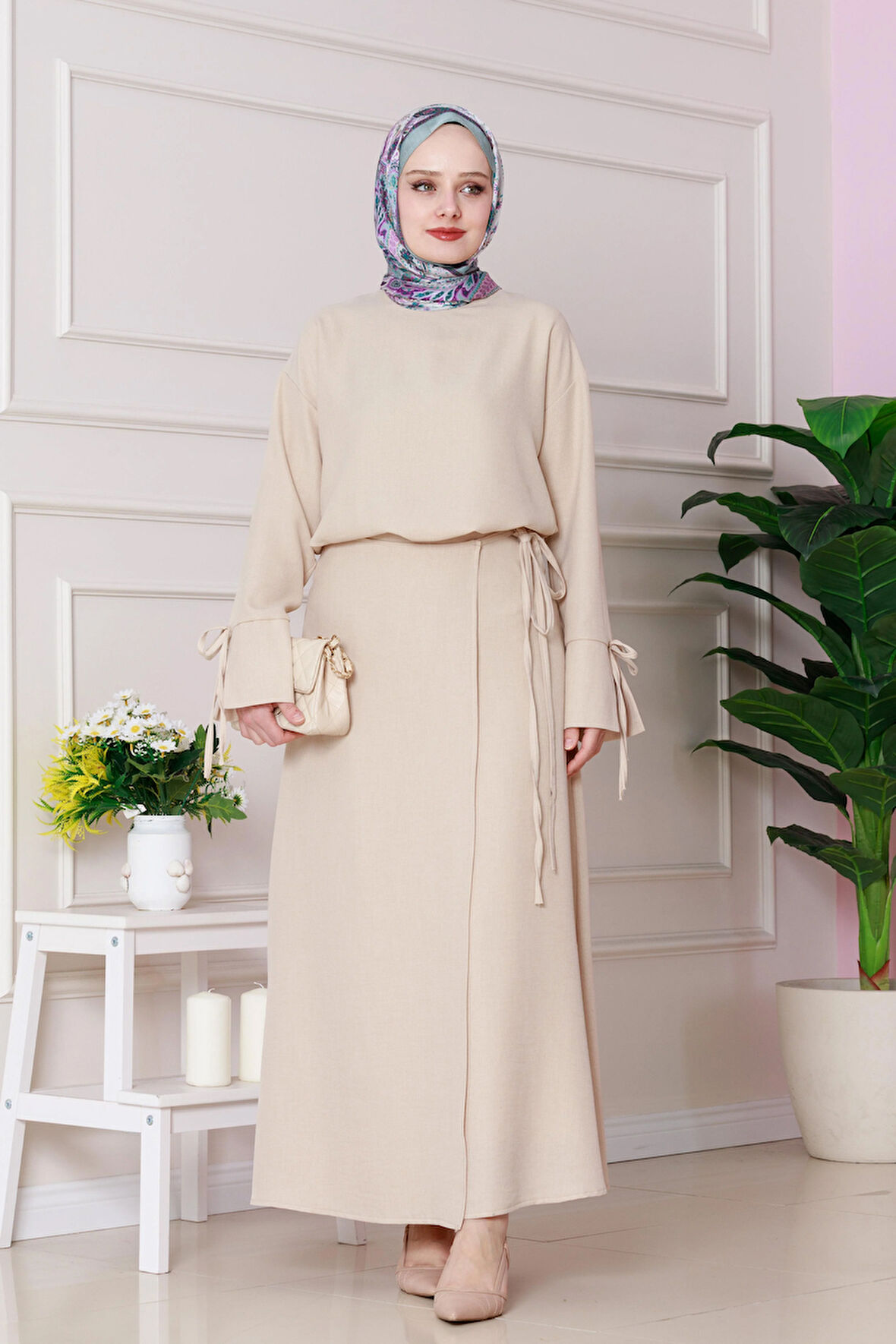 Darin Keten Eteği Bağlamalı Takım-Bej
