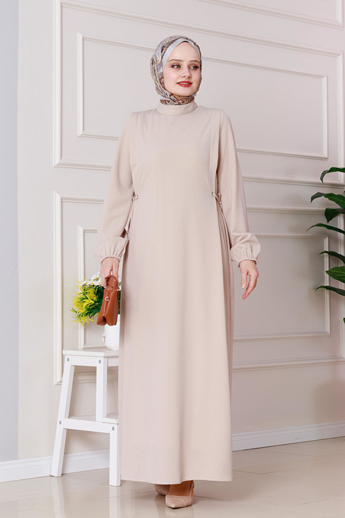 Yanı Bağlamalı Şule Elbise-Bej