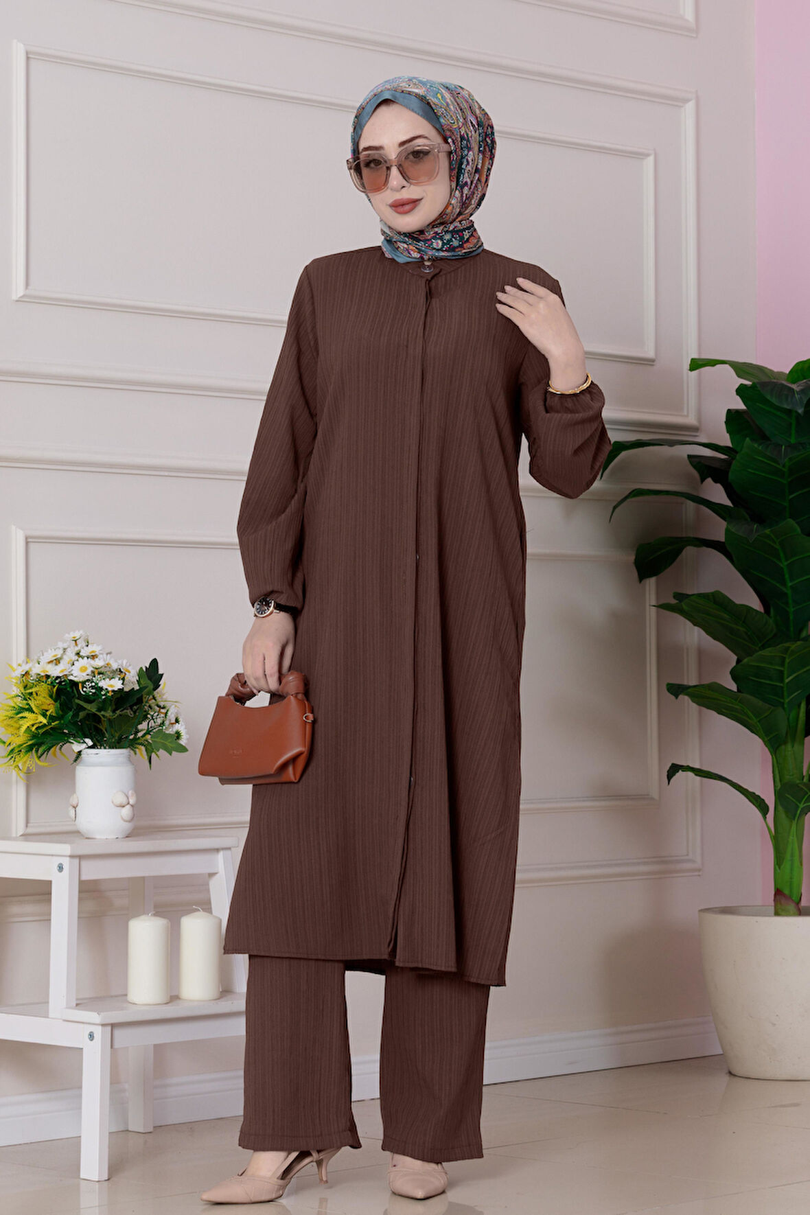 Yırtmaç Detaylı Tunik Pantolon Takım-Kahverengi