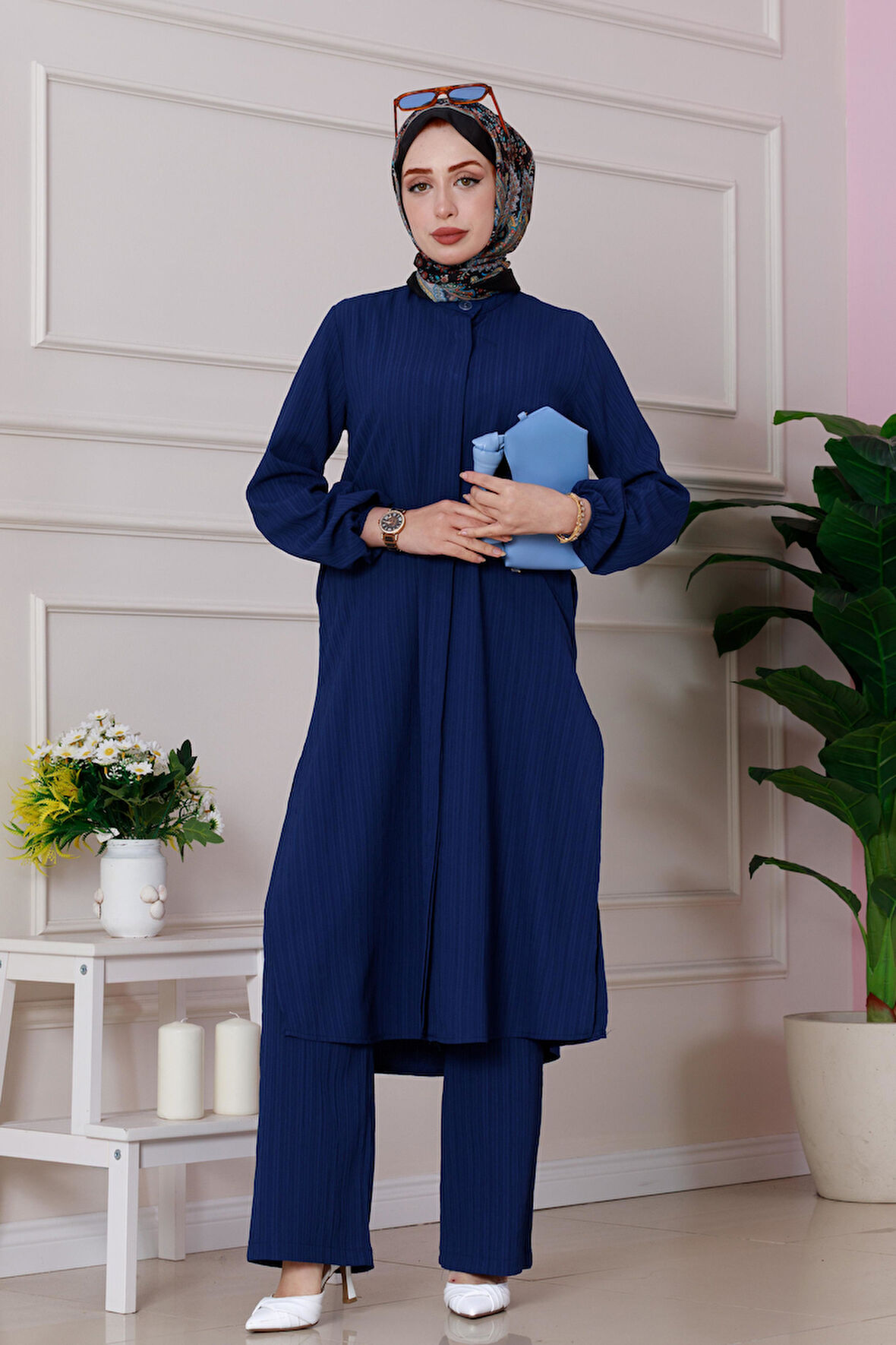 Yırtmaç Detaylı Tunik Pantolon Takım-Lacivert