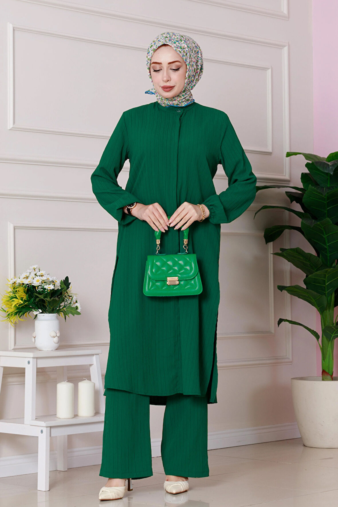 Yırtmaç Detaylı Tunik Pantolon Takım-Yeşil