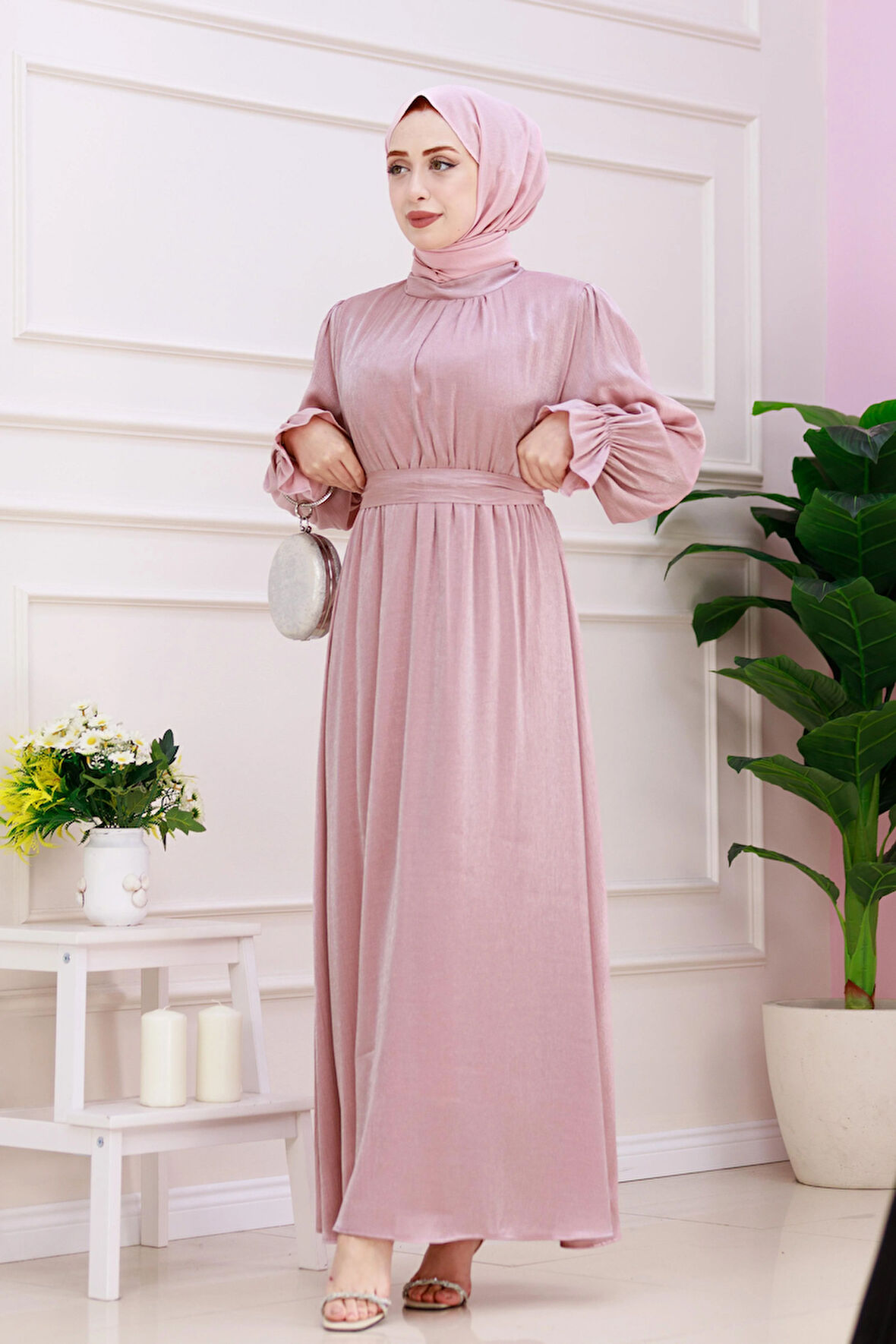 Kolu Volanlı Simli Alya Abiye-Pembe