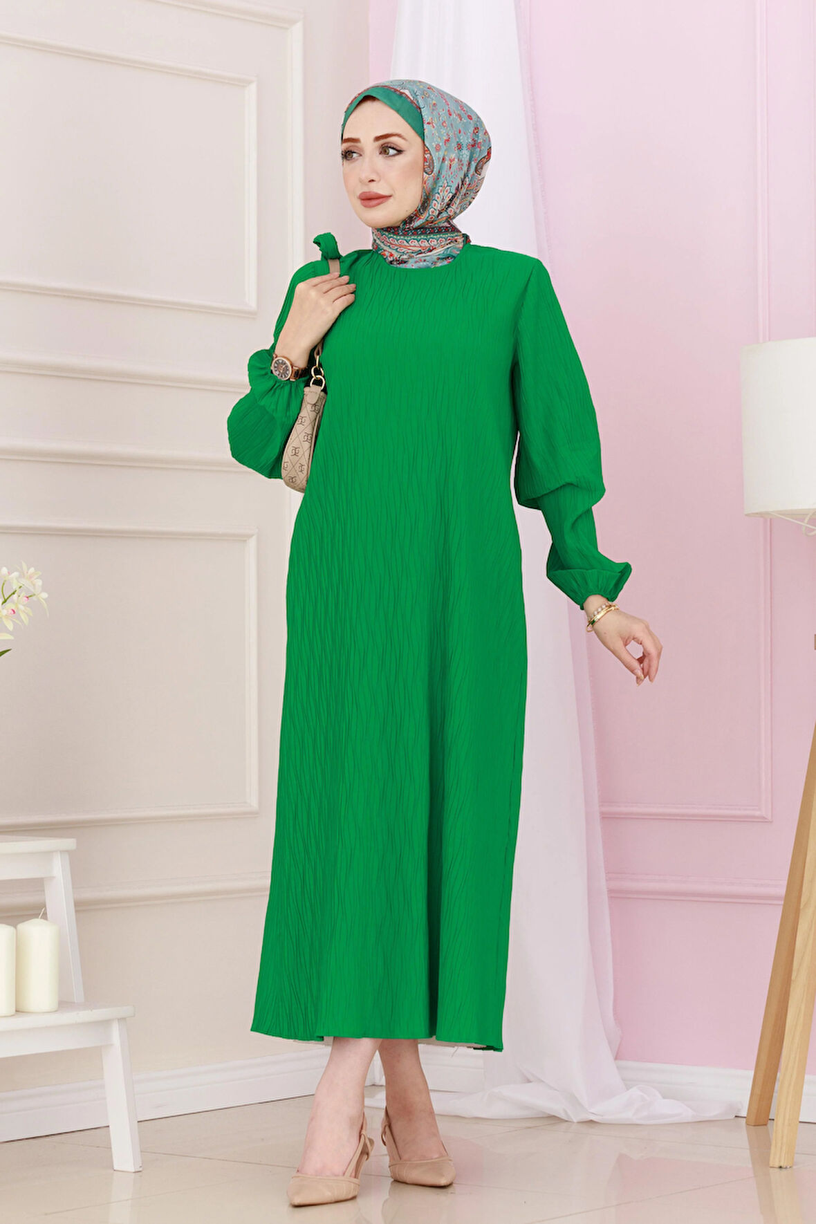 Beli Kuşaklı Luna Tesettür Elbise-Yeşil