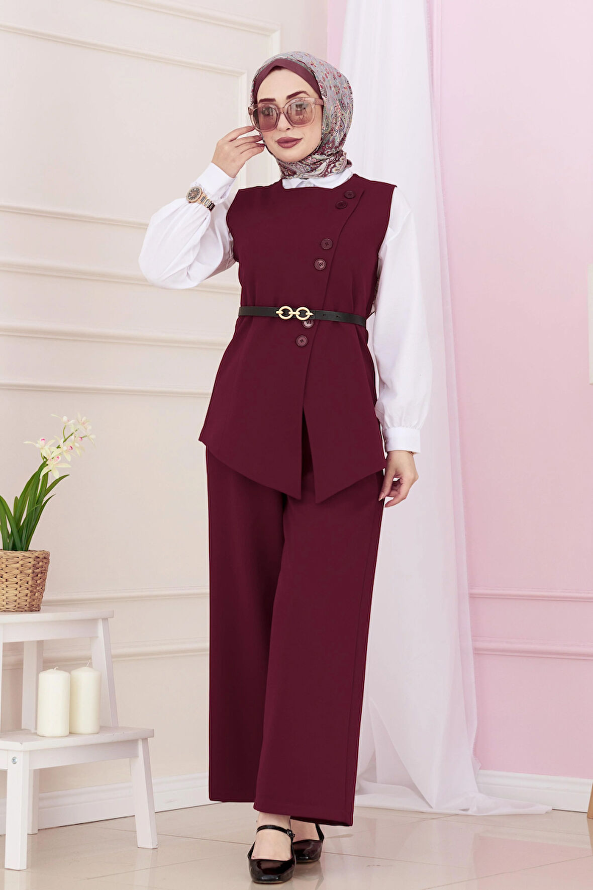 Dora Pantolonlu Yelekli Takım-Bordo