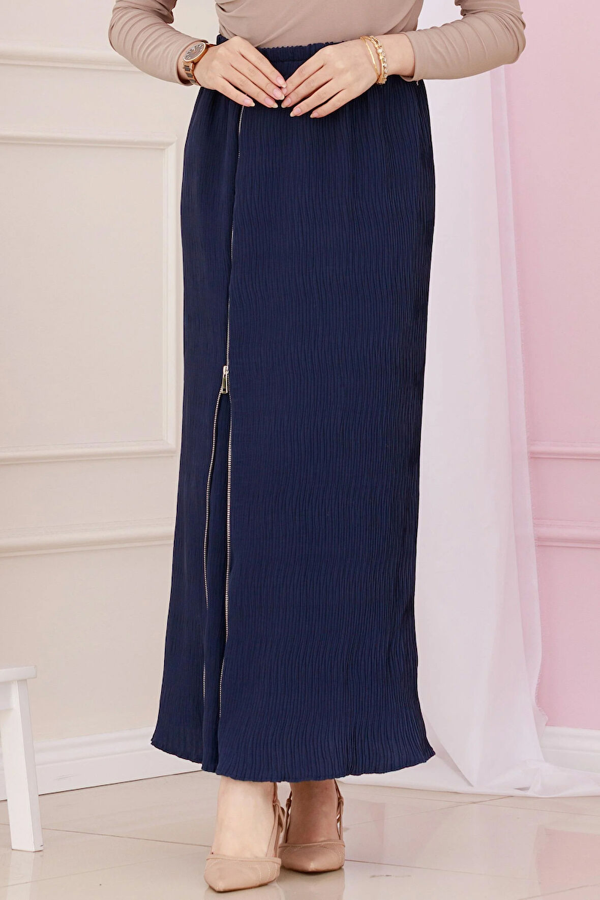 Beli Lastikli Yanı Fermuar Detaylı Etek-Lacivert