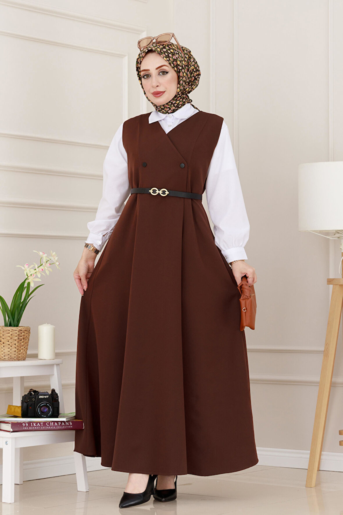 Düğme Detaylı Kemerli Jile-Kahverengi