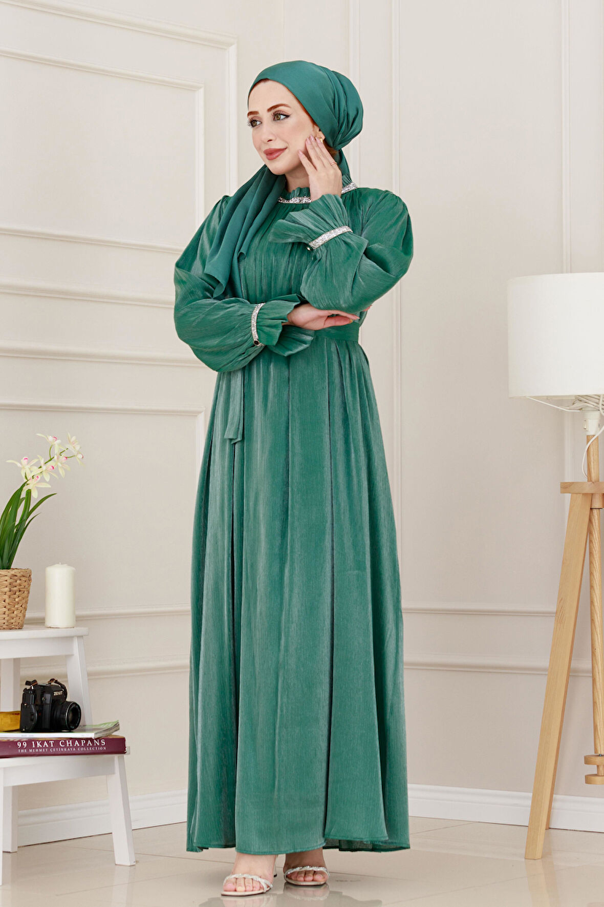 Simli Taşlı Abiye Elbise-Yeşil