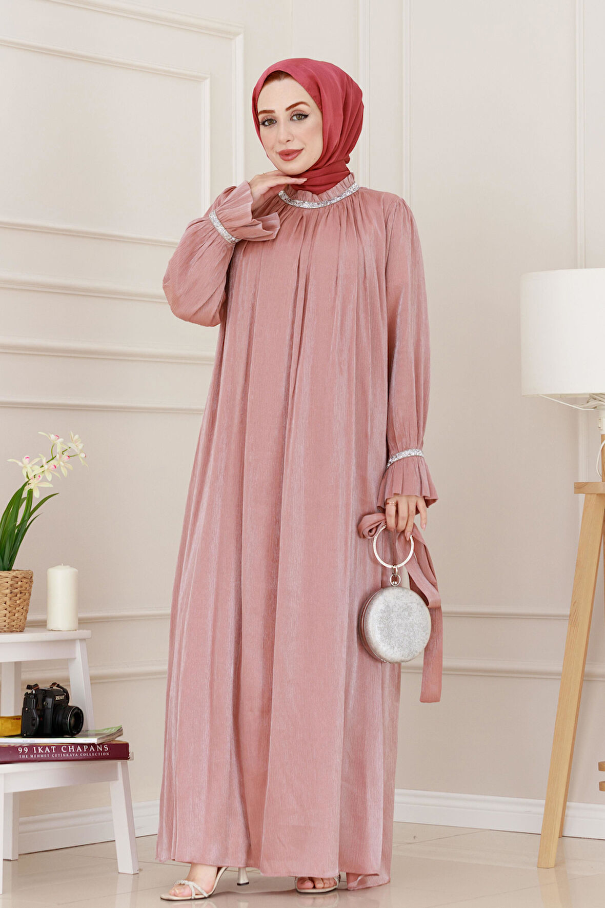 Simli Taşlı Abiye Elbise-Pembe