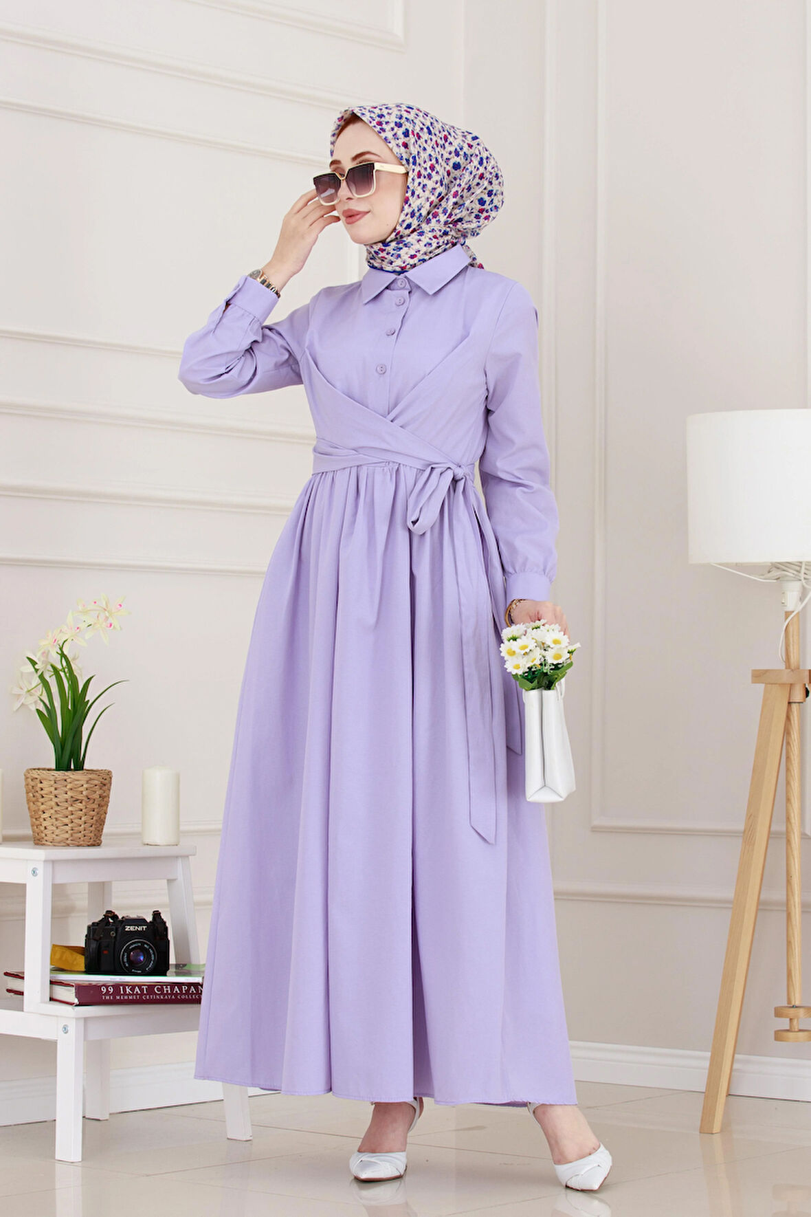 Belden Bağlamalı Mina Elbise-Lila
