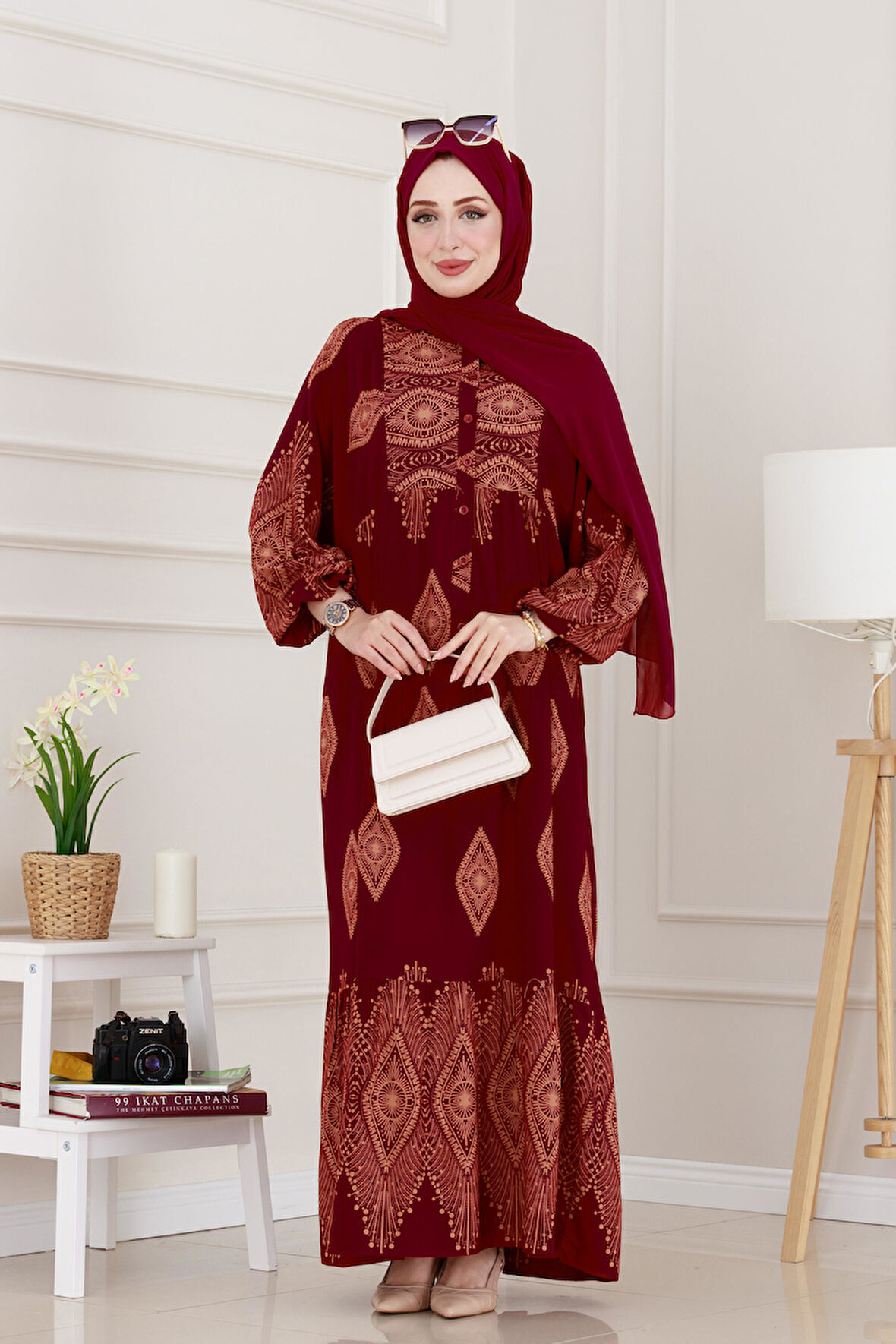 Yarım Düğmeli Robalı Hira Elbise-Bordo