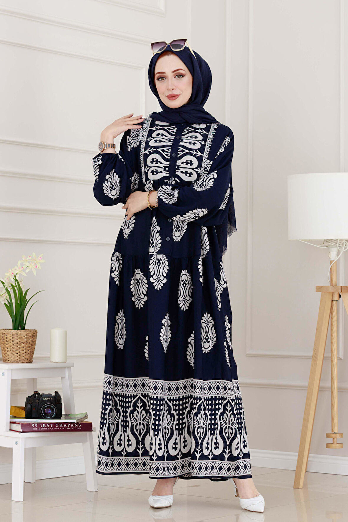 Yarım Düğmeli Robalı Amine Elbise-Lacivert