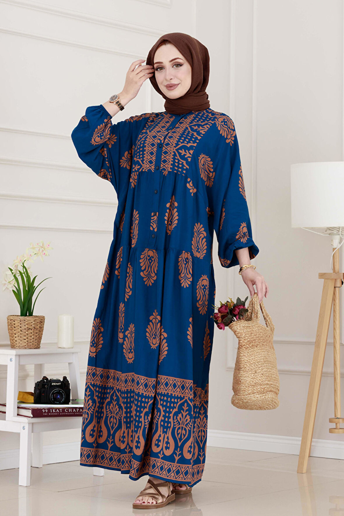 Yarım Düğmeli Robalı Amine Elbise-İndigo