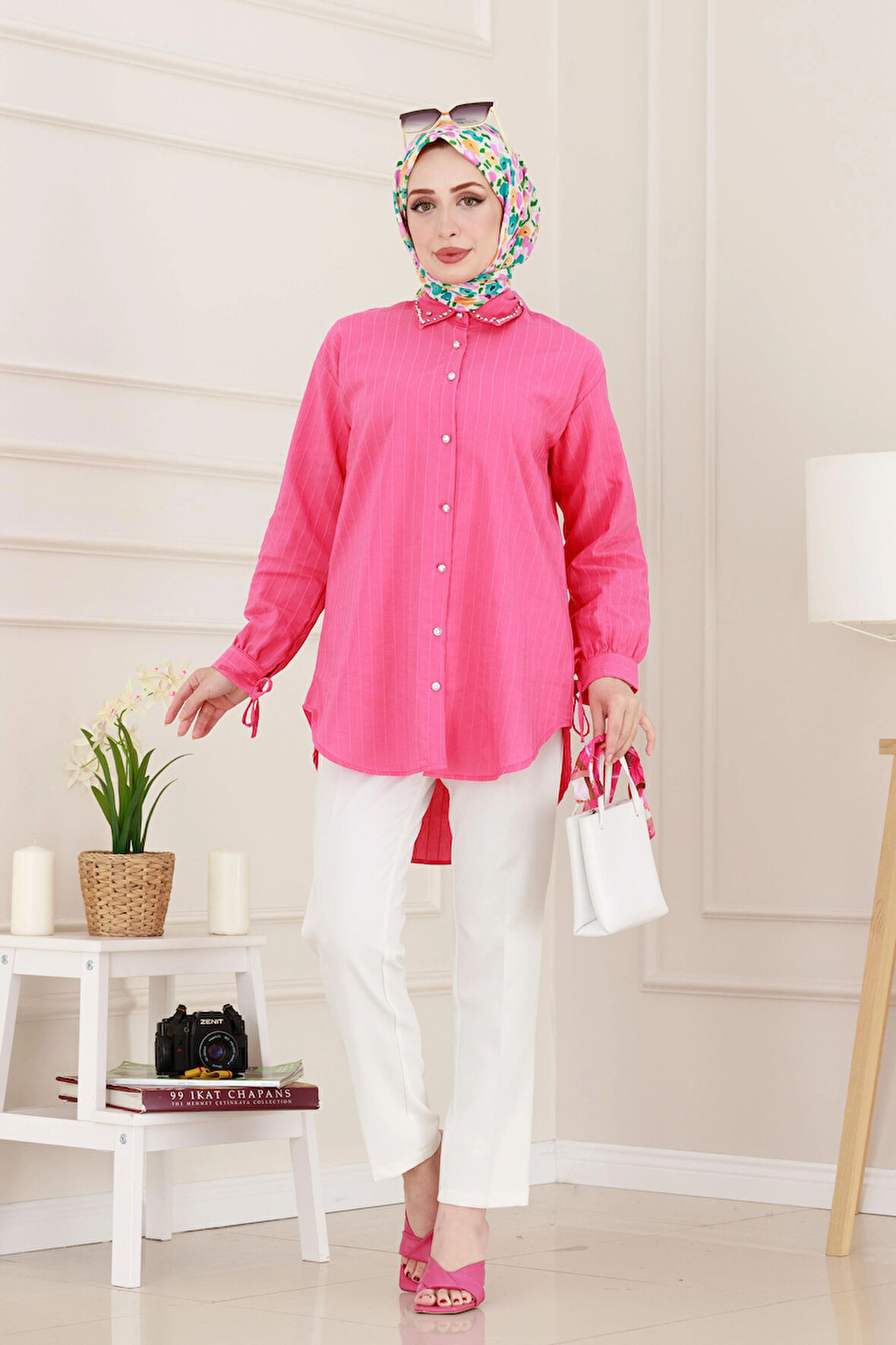 Taş Detaylı Hilal Tunik-Fuşya