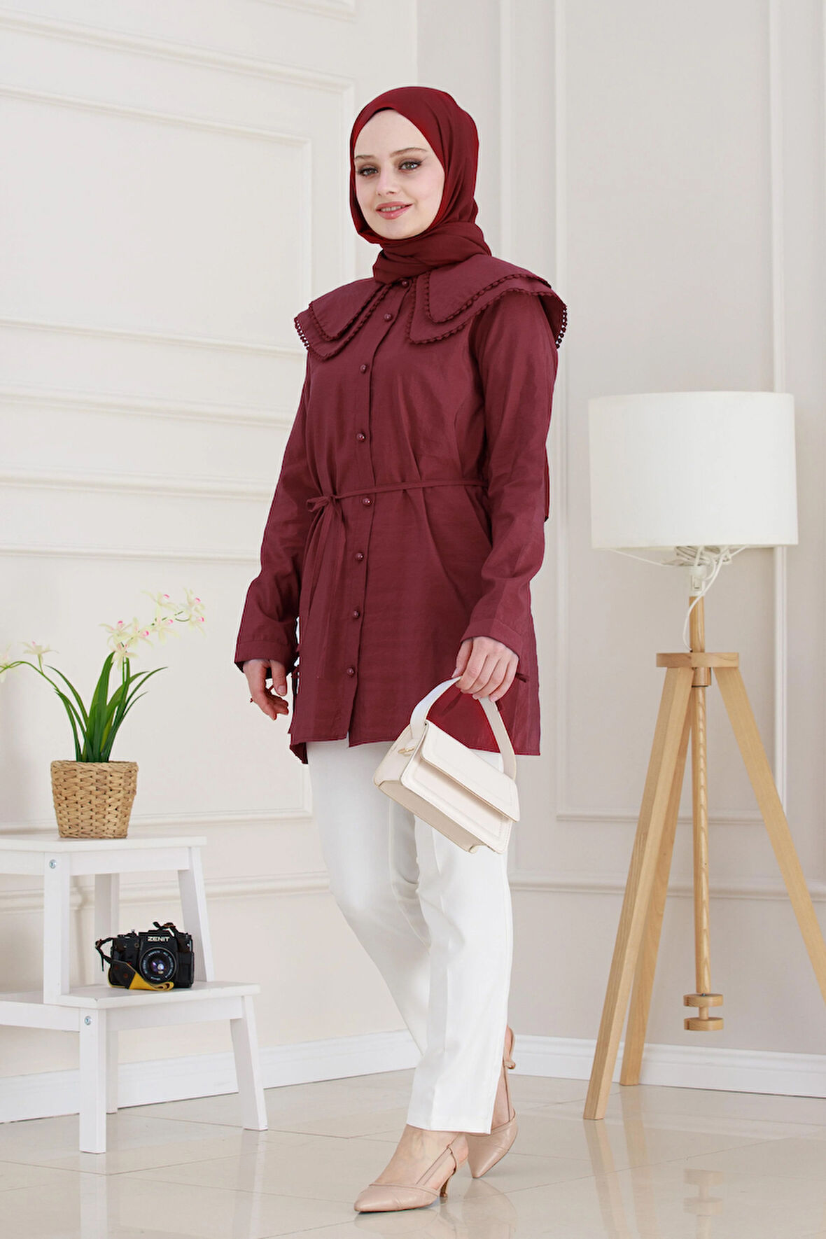 Çift Yaka Dantelli Tunik-Bordo