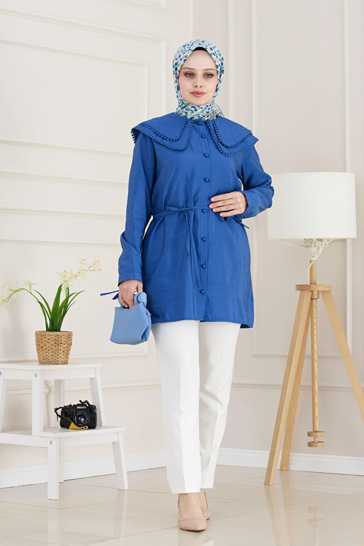 Çift Yaka Dantelli Tunik-Bebe mavi