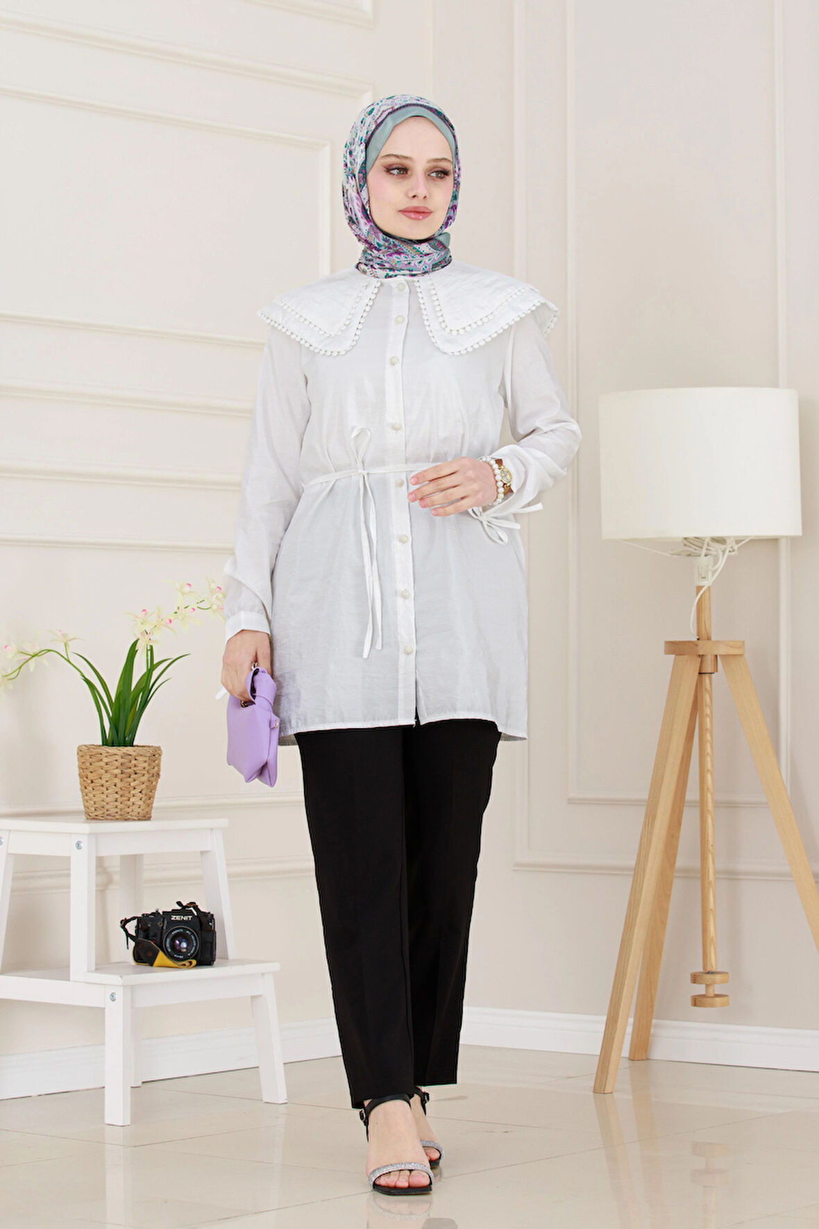 Çift Yaka Dantelli Tunik-Beyaz