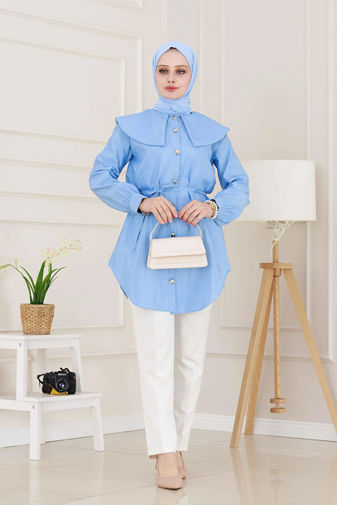 Beli Bağcık Detaylı Geniş Yaka Tunik-Bebe mavi