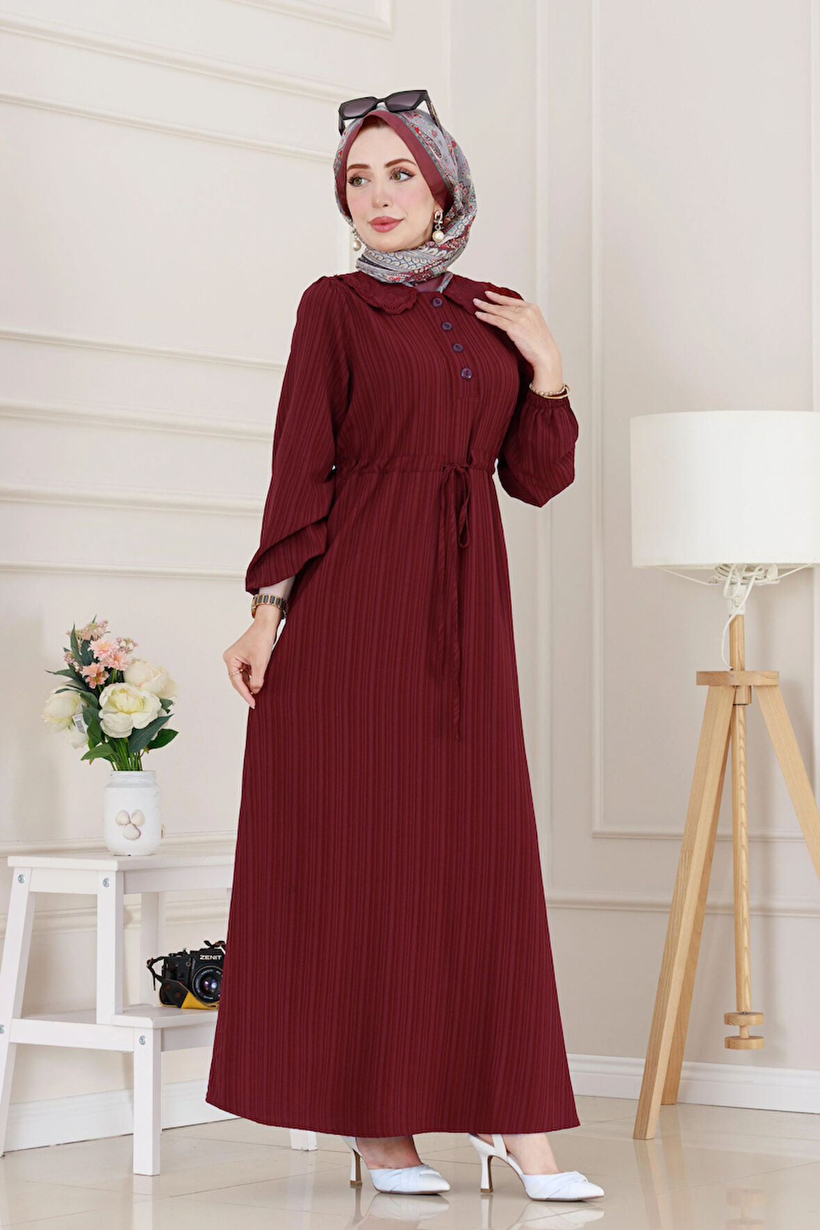 Yakası Güpür Nova Elbise-Bordo