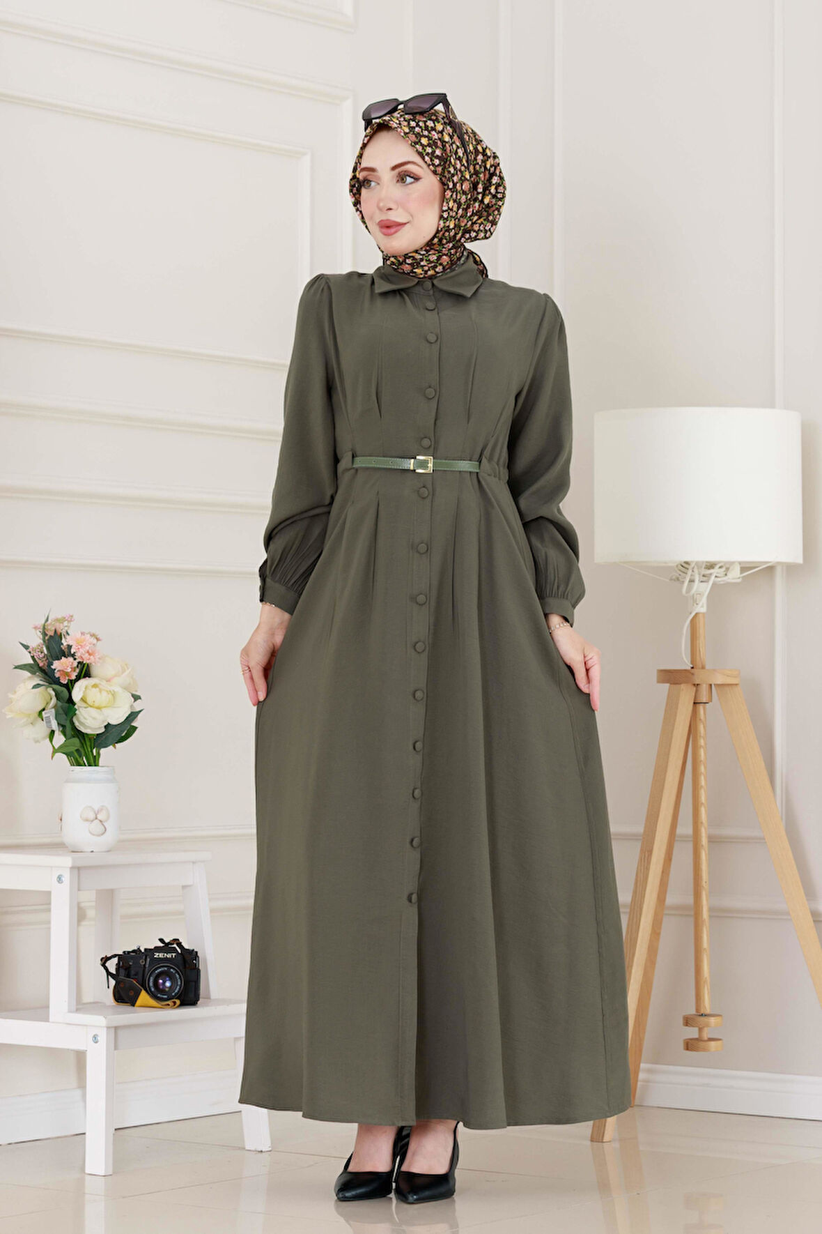 Kemerli Tensel Elbise-Haki