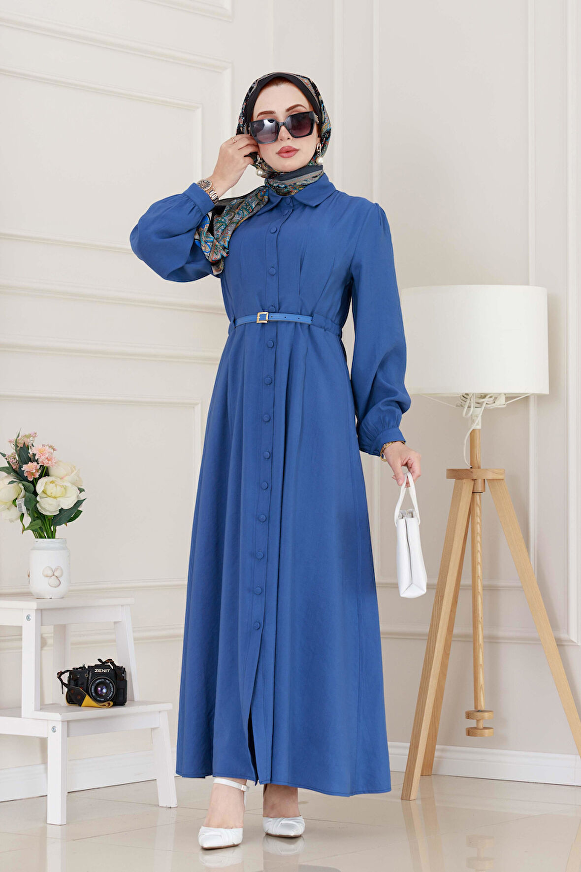 Kemerli Tensel Elbise-İndigo