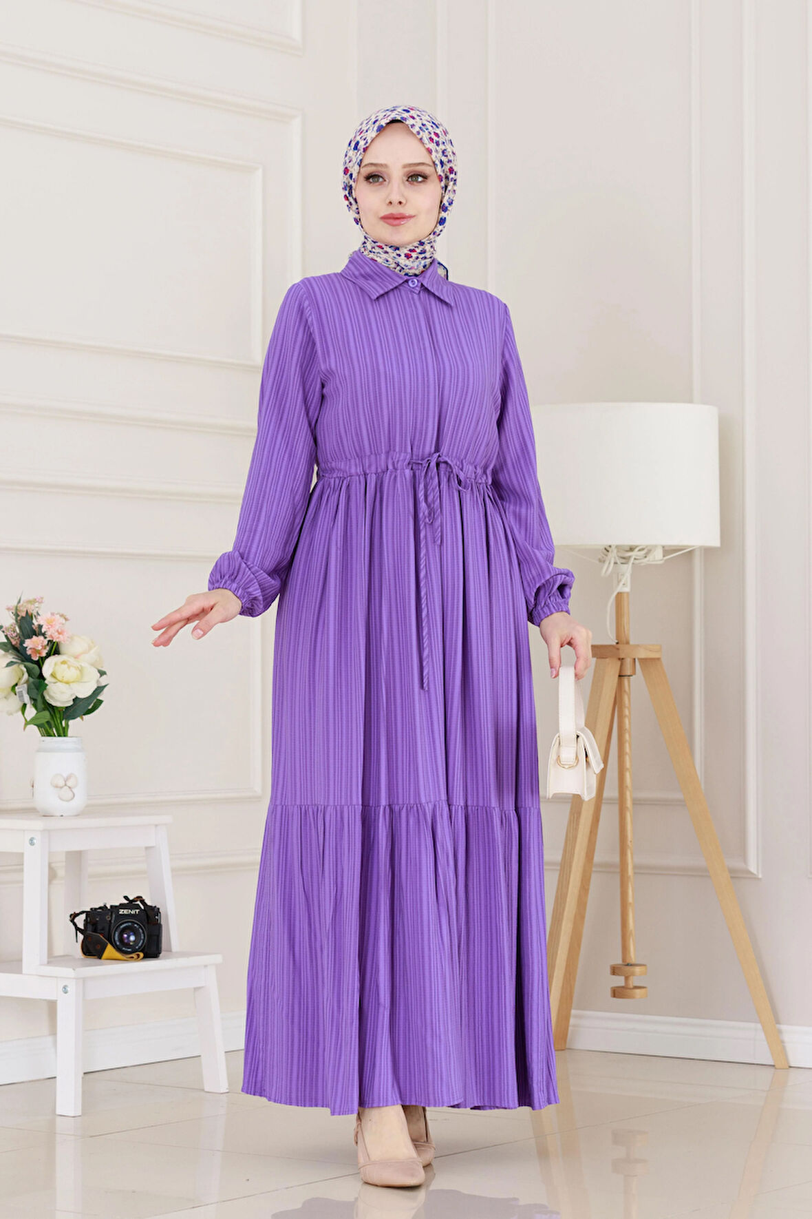 Gömlek Yaka Beli Tünelli Sare Elbise-Mor