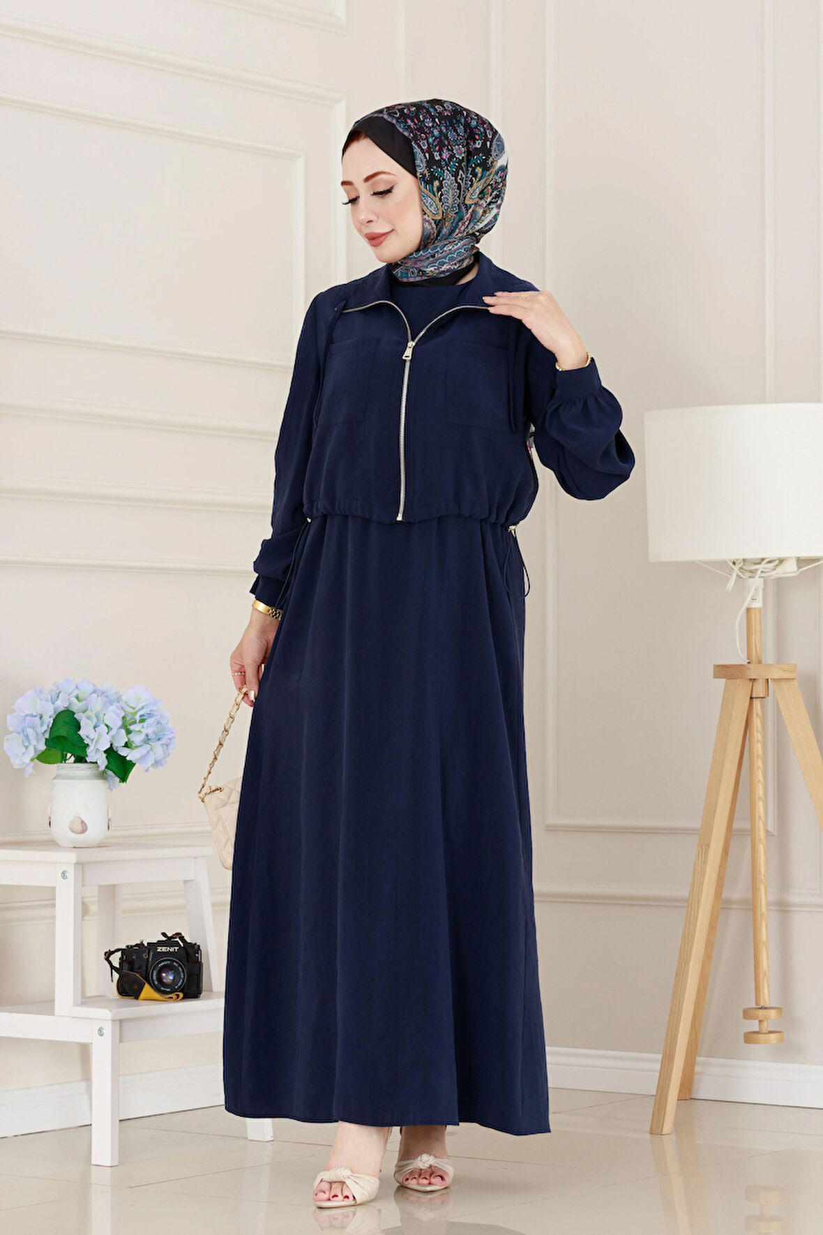 Cep Detaylı Cepkenli Ela Elbise-Lacivert