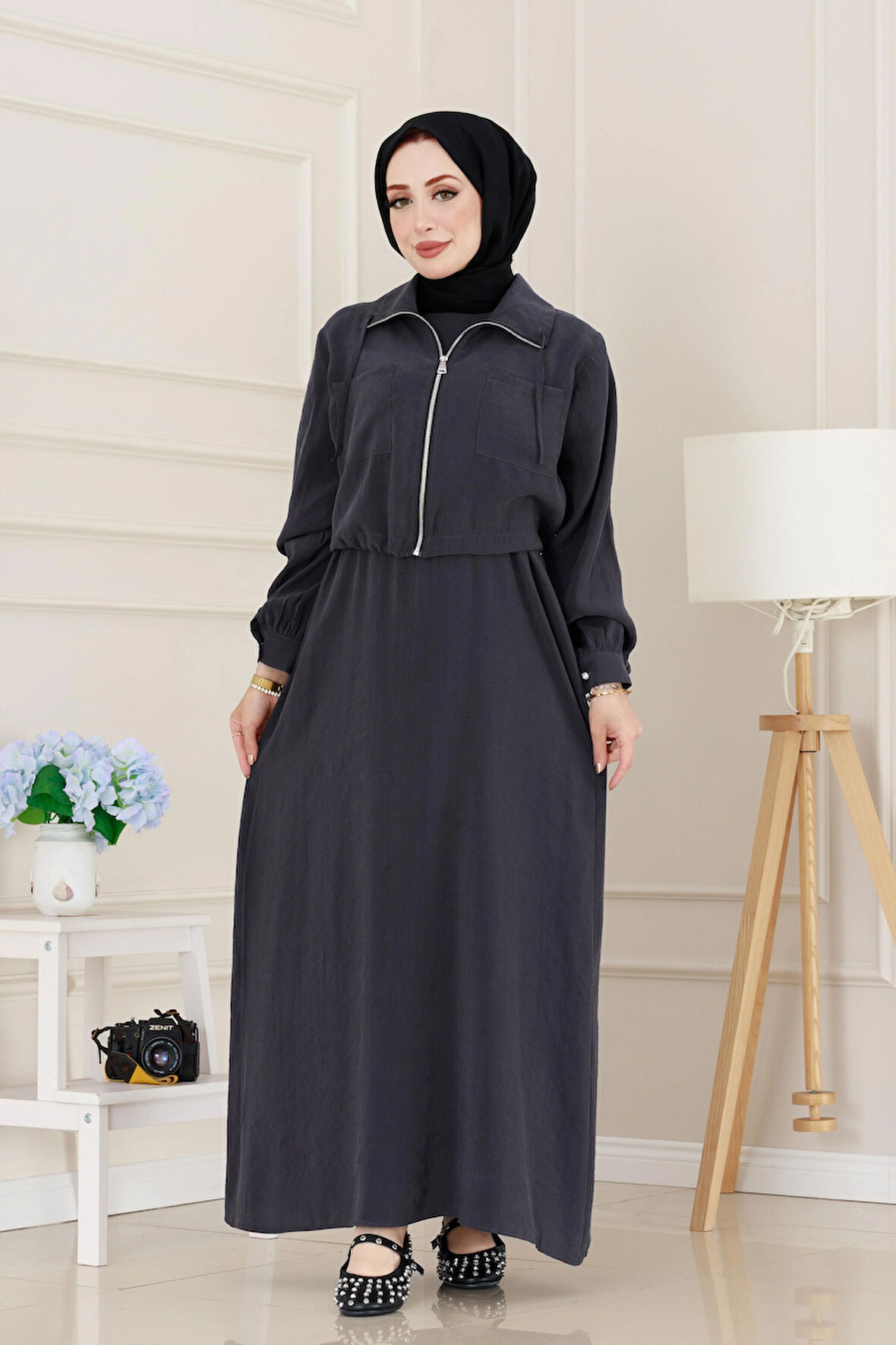 Cep Detaylı Cepkenli Ela Elbise-Antrasit