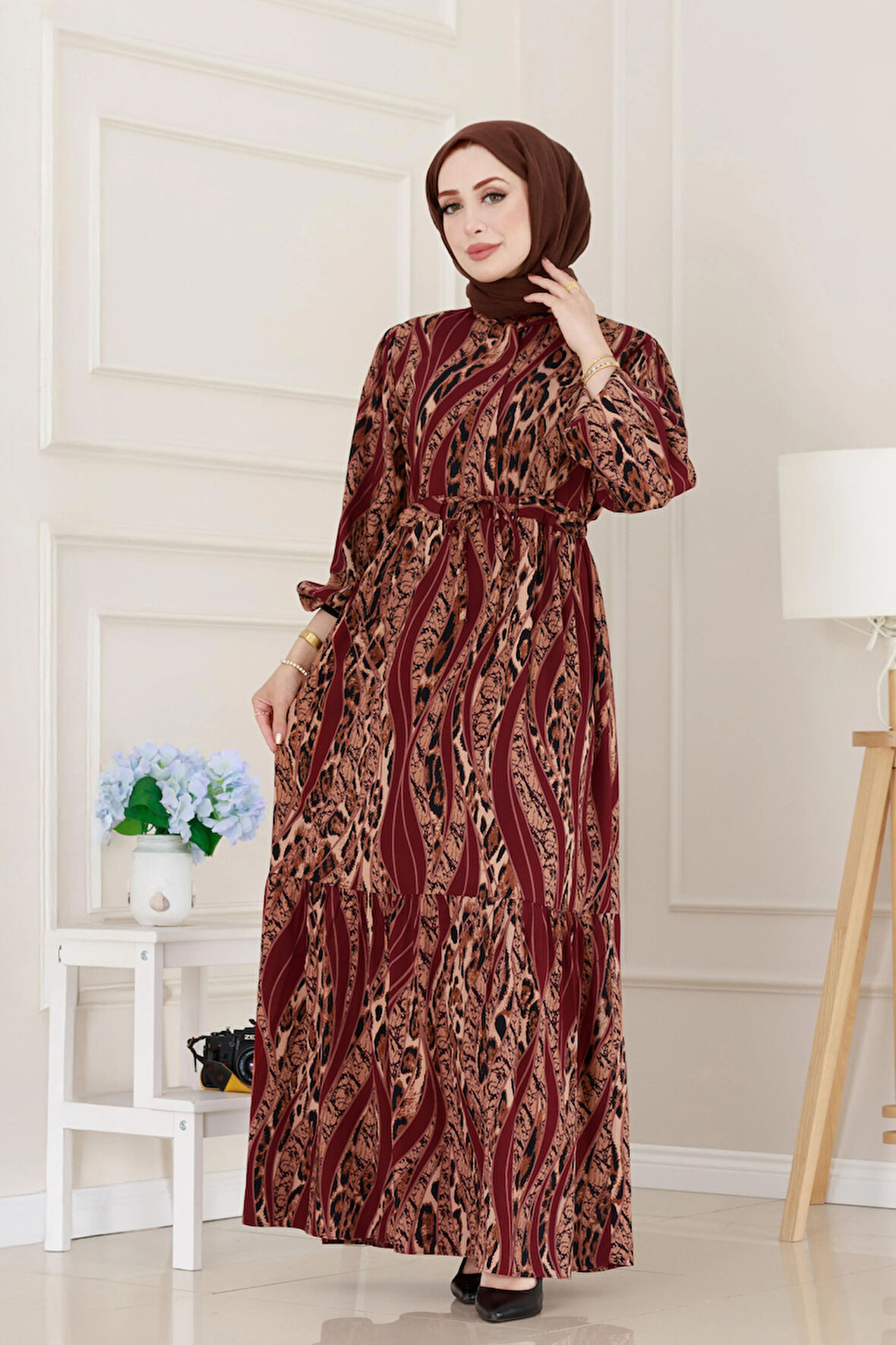 Leopar Desenli Beli Tünelli Viscon Elbise-Bordo