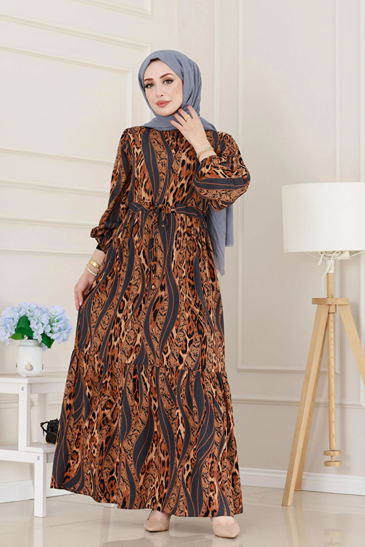 Leopar Desenli Beli Tünelli Viscon Elbise-Gri
